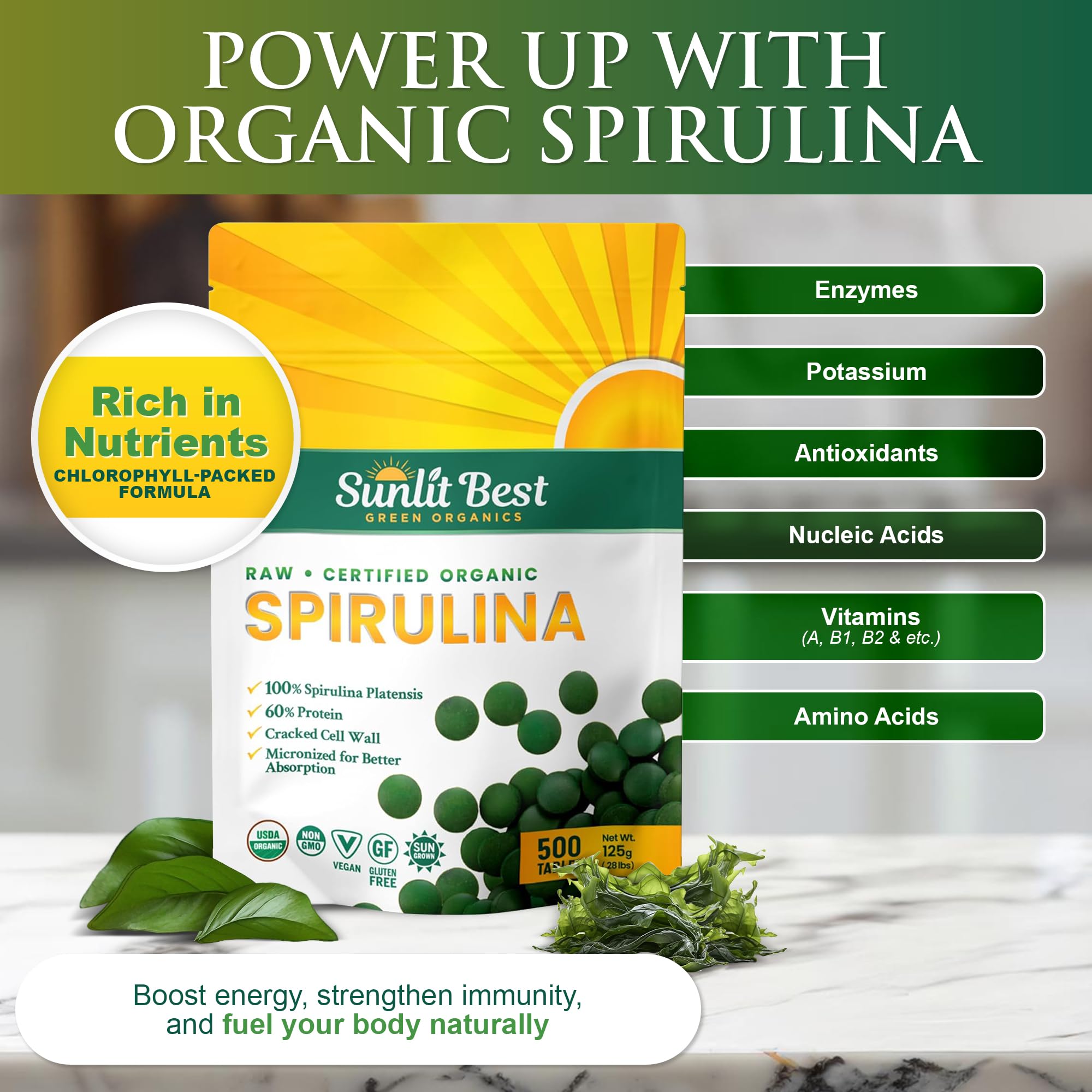 Sunlit Best Organic Spirulina Tablets, Pure Natural Superfood Pills, 500 CT — Amazon image 2