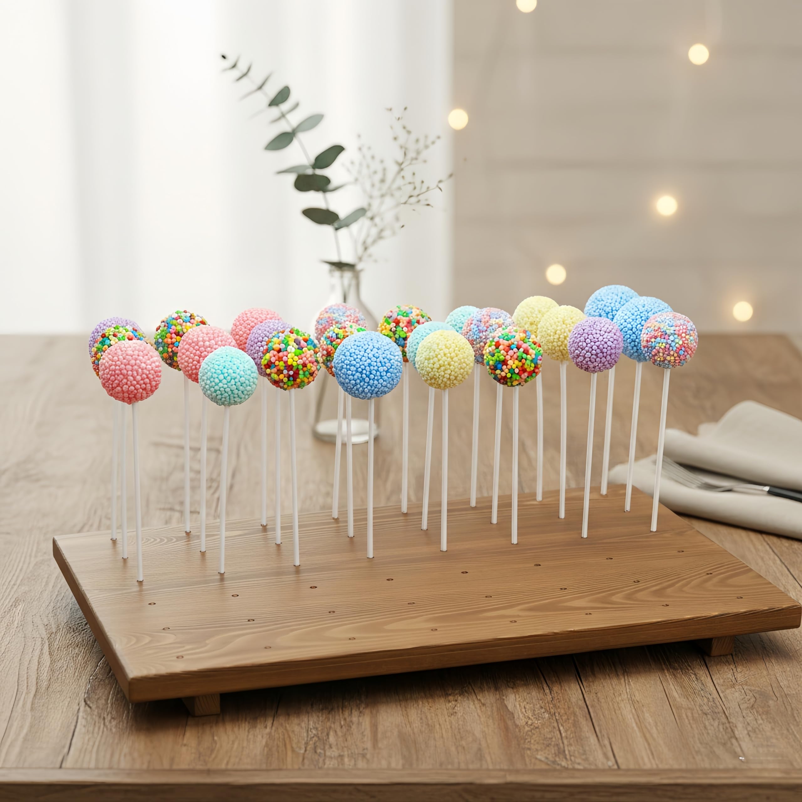 Alzata In Legno Per Lecca Lecca E Cake Pops - 24 Fori, Base 30x20 Cm, Marrone Noce - Decorazione Feste