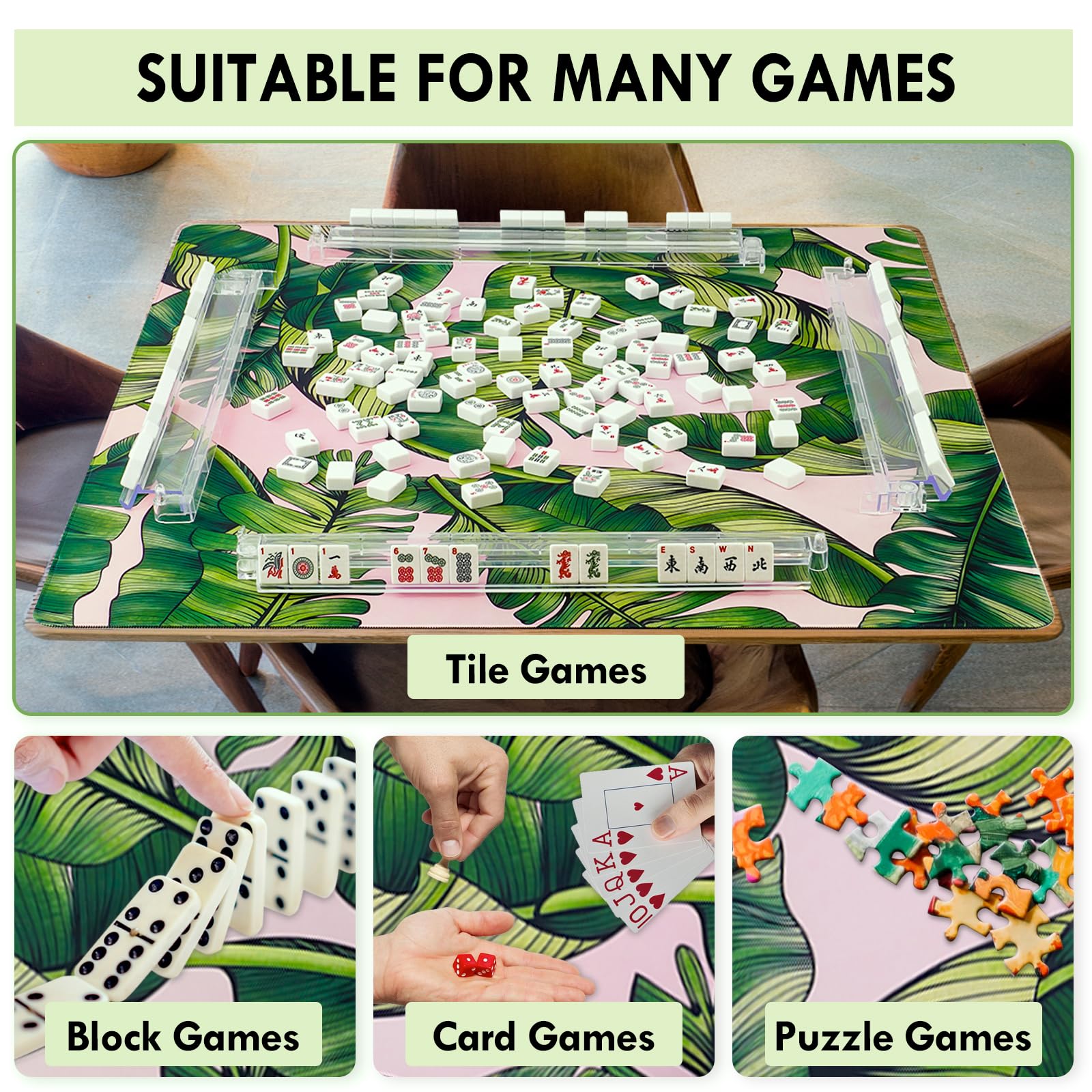 Mahjong-Matte, 100 % keine Falten, rutschfeste Rauschunterdrückung, amerikanische Mahjong-Matte mit Tragetasche, tropisches Blatt-Gummi-Gaming-Matte für Mahjong, Poker, Brettspiele, Dominosteine