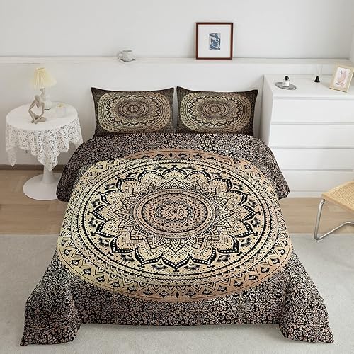 Castle Fairy Juego de edredón bohemio de mandala para niños, niñas, niños y adolescentes, edredón bohemio de 3 piezas, color marrón y negro, tamaño