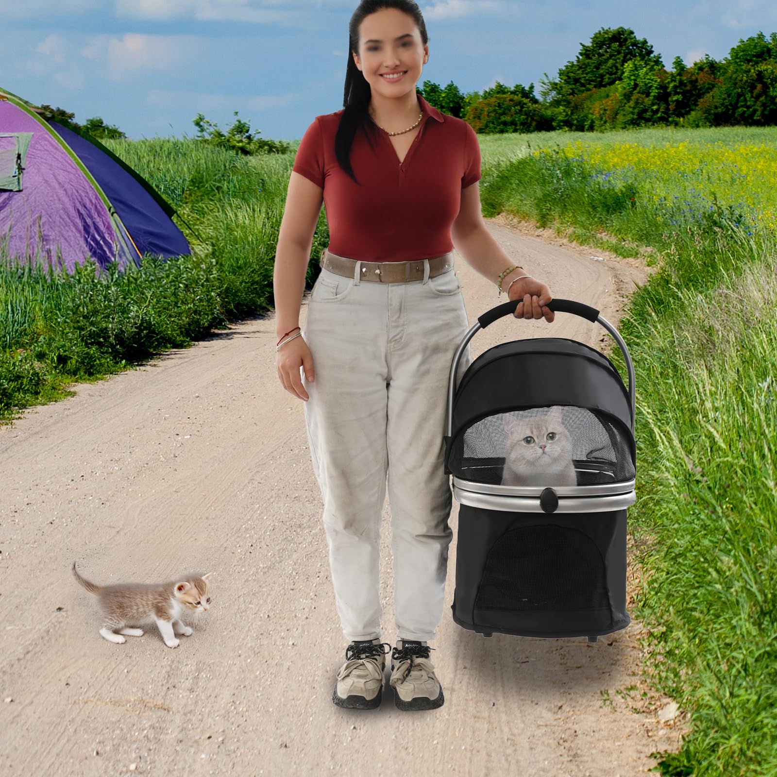 Passeggino per animali domestici, pieghevole, leggero, con 4 ruote e rete di ventilazione, 12 kg, multifunzione, portatile, per gite, parco, viaggi (nero)