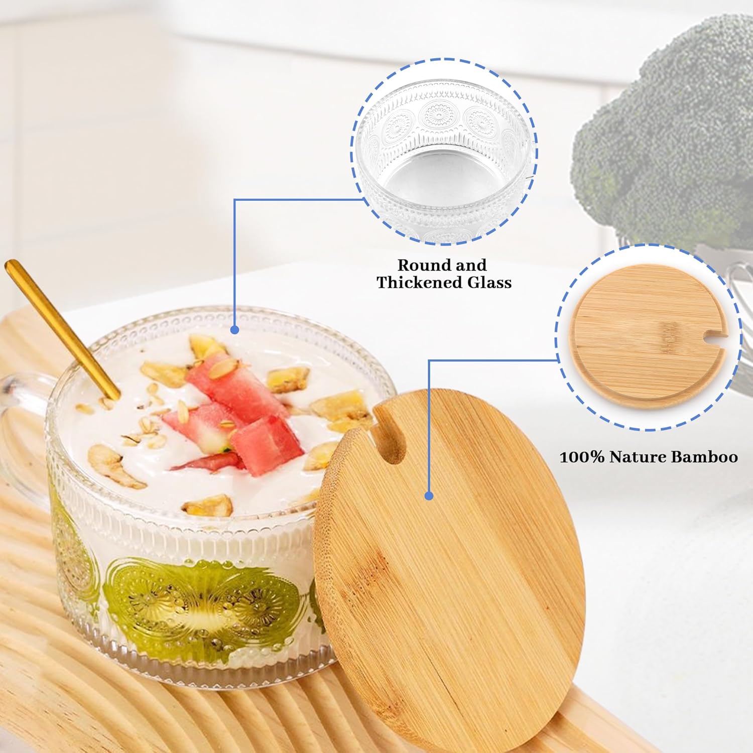 Vintage Glass Coffee Mugs 2 Set, 14oz Overnight Oats Containers with Bamboo Lids and spoon, Glass Tea Cups, Coffee Bar Accessories, Ideal Birthday, Holiday Gifts for Women - Image 4