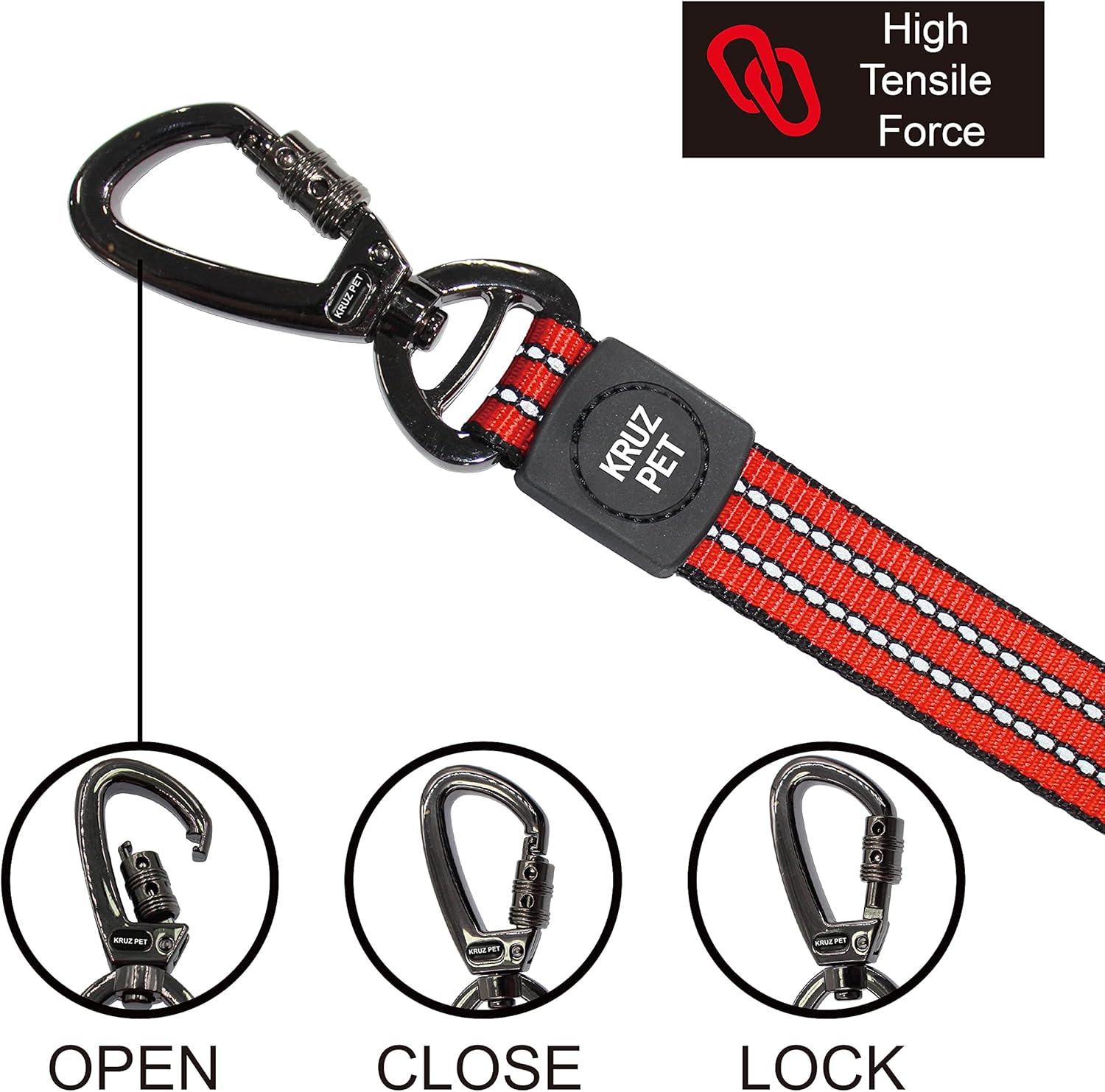 KRUZ PET KZV5048-08L 4" Long Reflective Heavy Duty Click Lock Hook Leash Strong, Secure Nylon Safety Lead with Locking Carabiner Clip – Pet Leash with Comfortable Padded Handle, Large, Orange