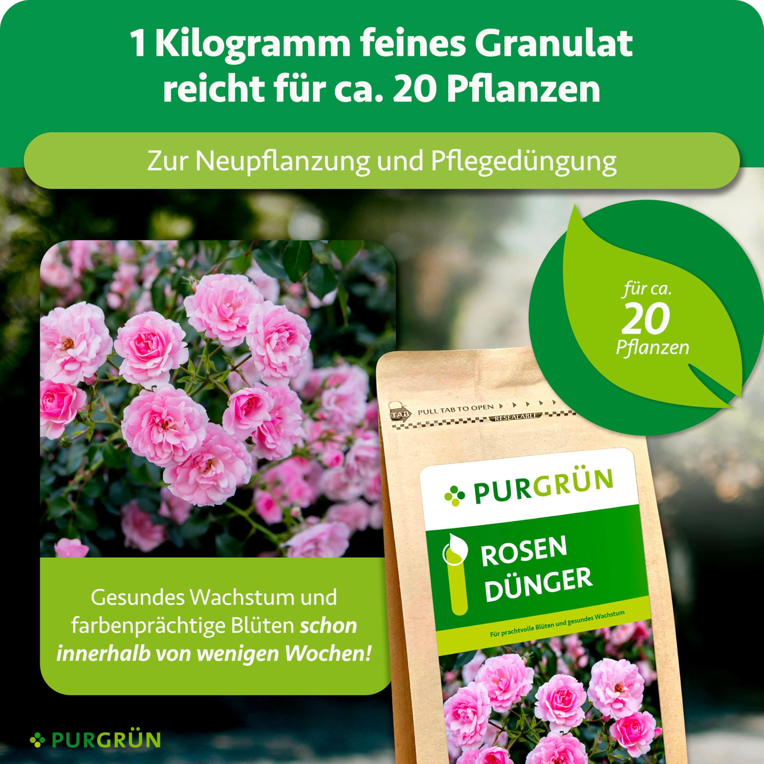 Rosendünger 1 kg – Organisch-mineralische Rezeptur – Feinkörniges Krümelgranulat – NPK 9+4+8 – Extra Magnesium für prächtige Blüten – Verbessert die Bodenqualität – Für gesunde Rosen