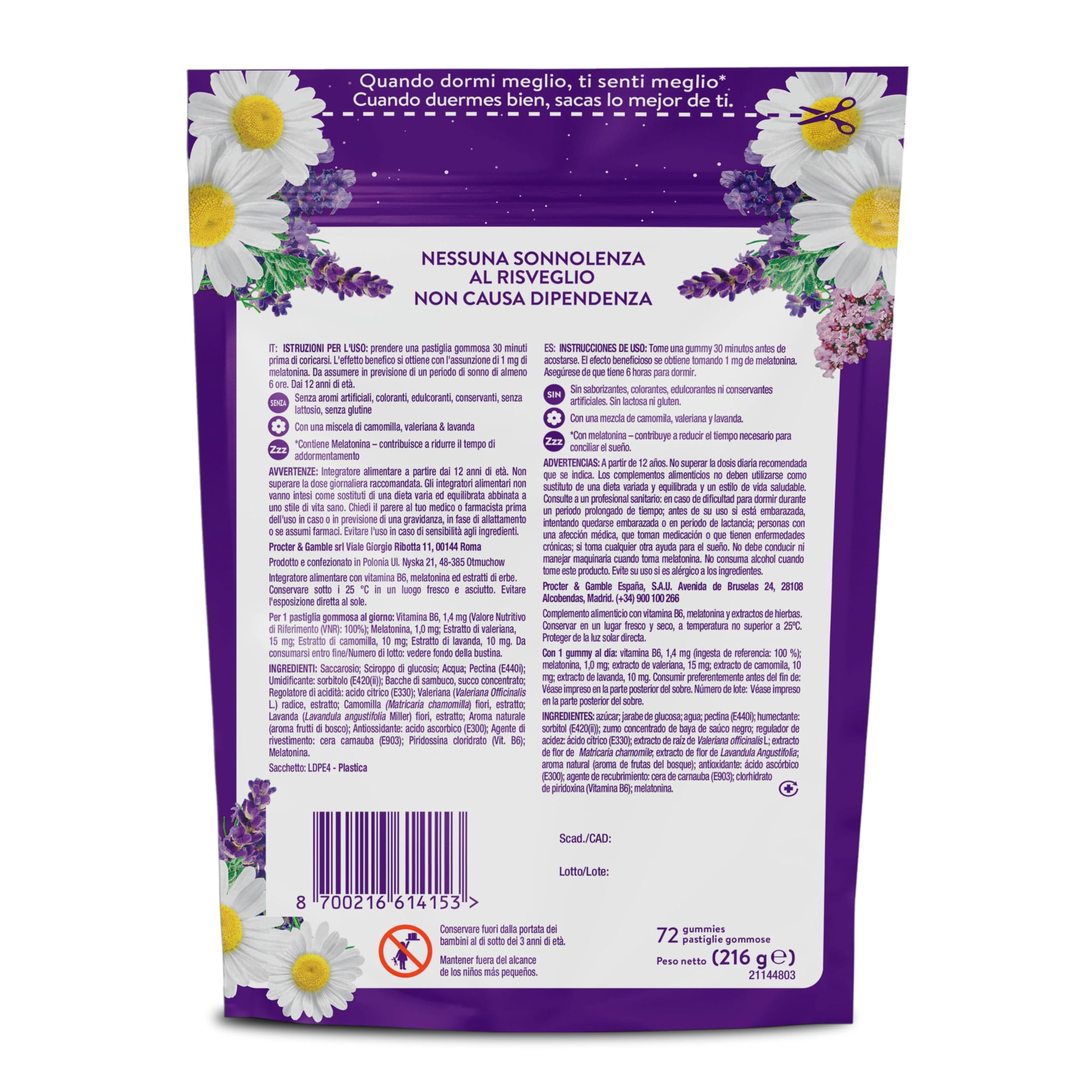 ZzzQuil Sonno, Melatonina pura per Dormire, Integratore con Estratti Di Valeriana, Camomilla e Vitamina B6, Formula Vegana, 2 x 72 Pastiglie Gommose