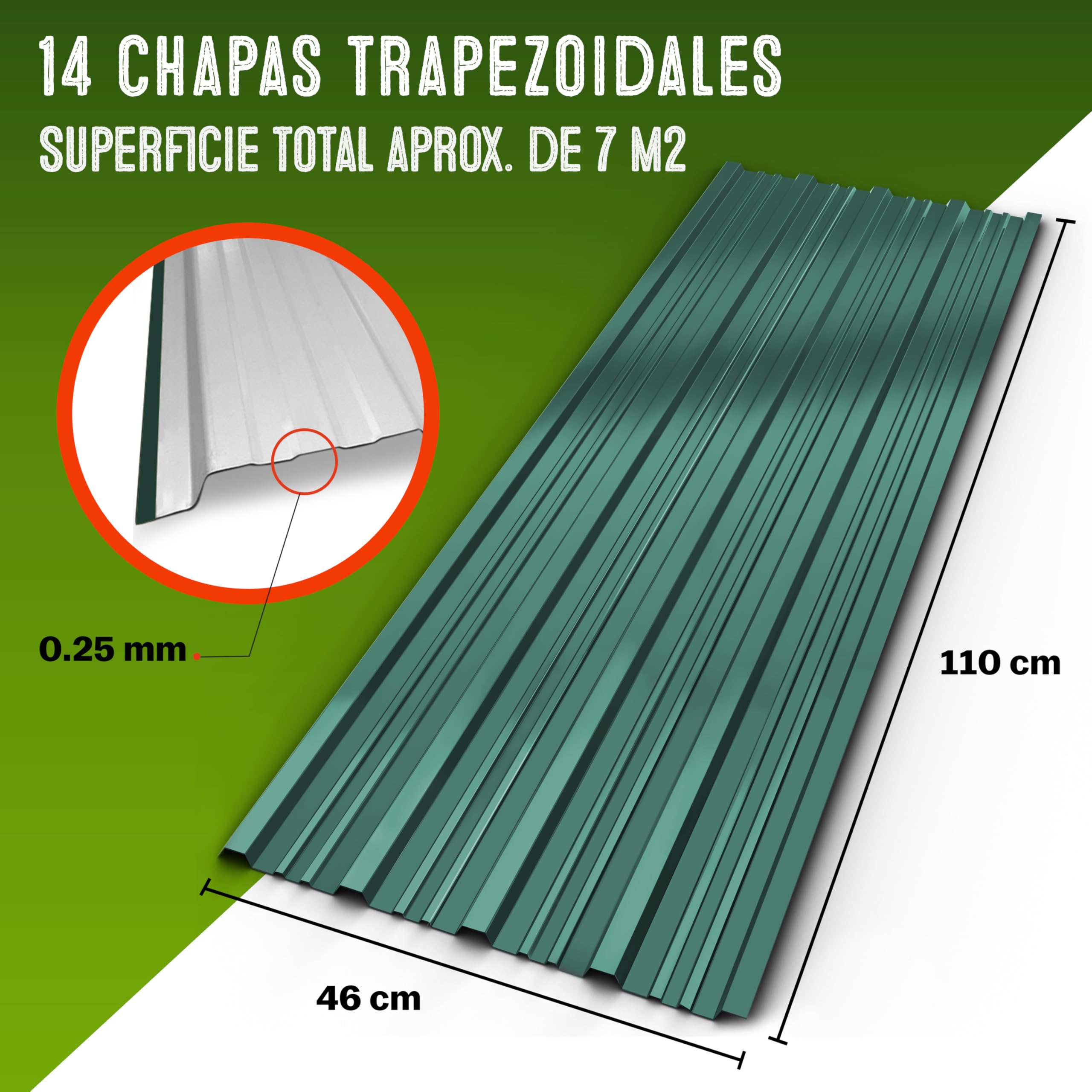 GARDEBRUK® 14x Paneles Tejado Trapezoidales, 110x46cm = 7m², Placas Galvanizadas, Chapas Onduladas Perfiladas Sandwich, Sin Agujeros, Verde, Garage Caseta Cobertizo Construcción, Fácil Montaje