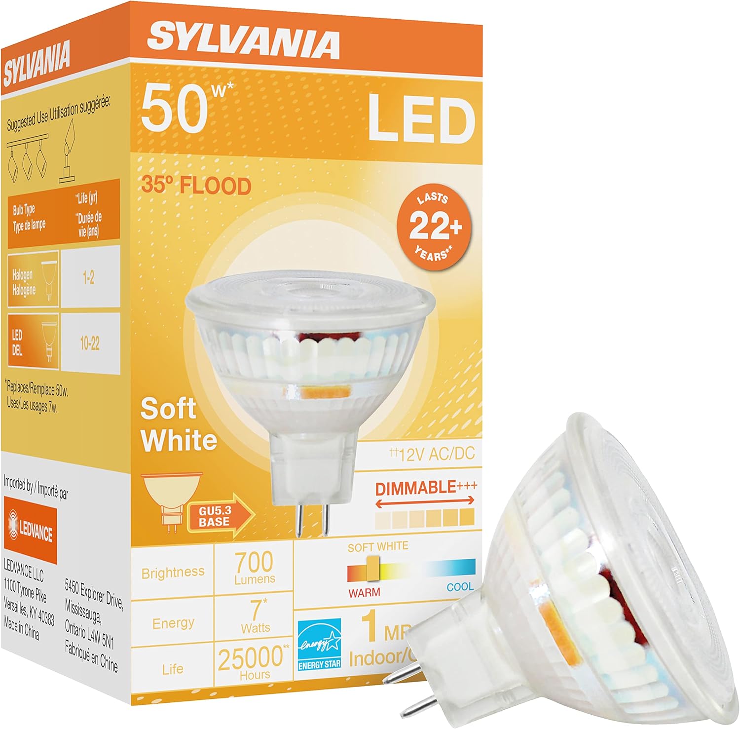 Sylvania LED Flood MR16 Light Bulb, 50W Equivalent, 7W Efficient, GU5.3 Bi-Pin Base, 35 Degree Angle, Dimmable, 2700K, Soft White - 1 Pack (41376)