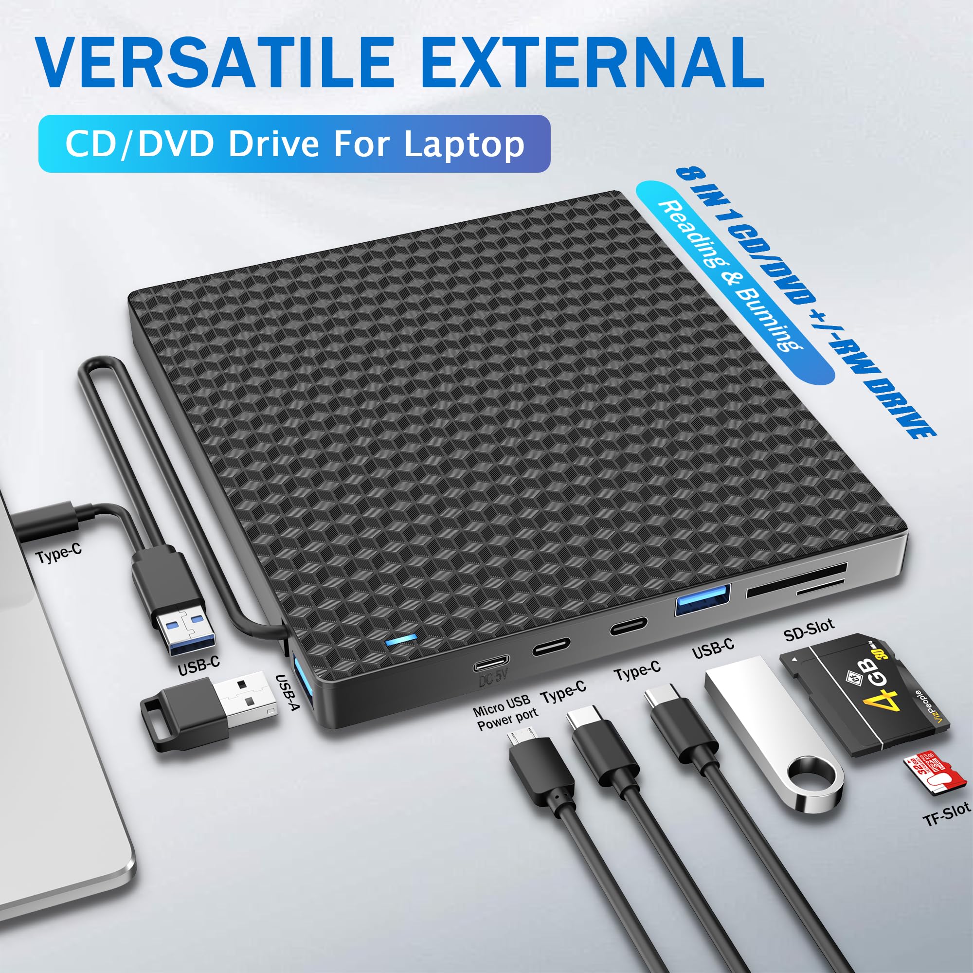 Unità CD DVD esterna per laptop, lettore ottico USB 3.0, 4 porte USB e 2 slot per schede TF/SD, masterizzatore CD/DVD portatile CD ROM esterno per computer portatile desktop PC Windows 11/10/8/7/XP