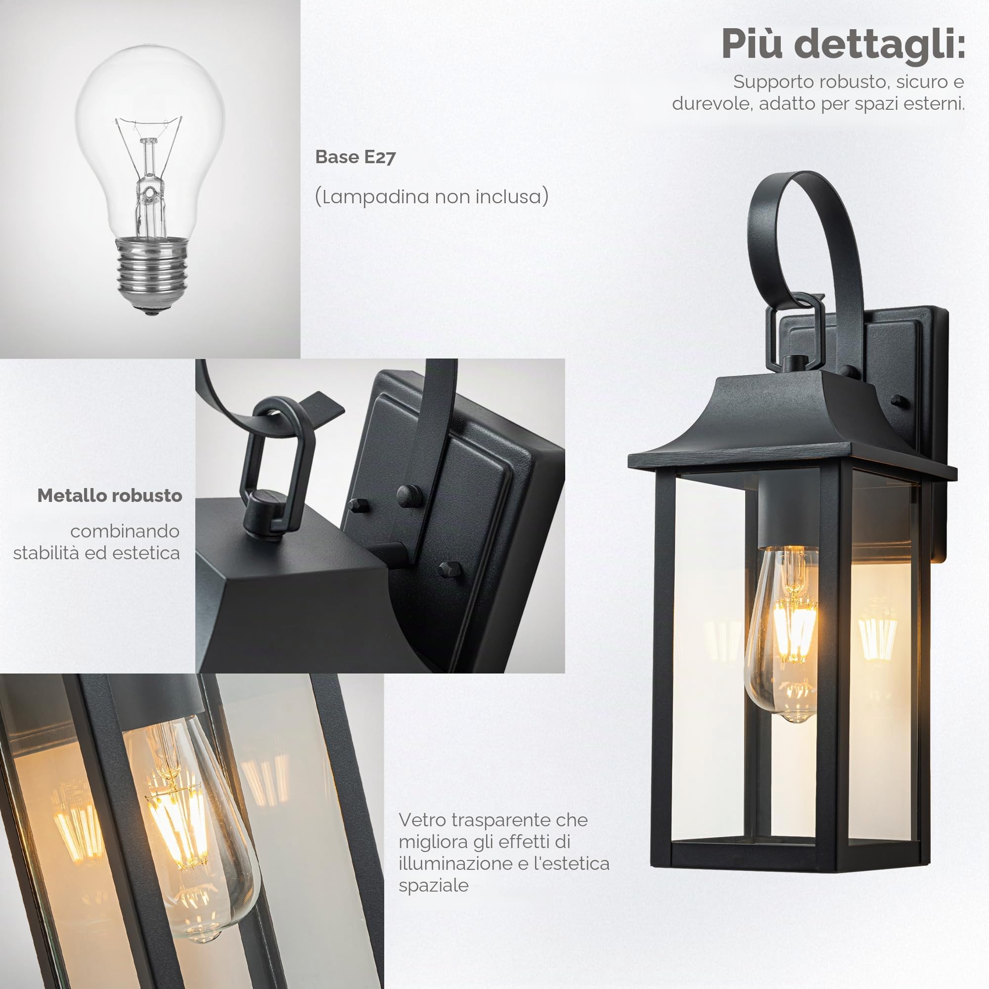 FTL Lampada da Parete E27 Esterno, Grande Portico Applique da Parete, Nero Luci da Esterno a Parete, 60W Max Vintage Lampade Lanterna da Esterno con Vetro, IP44 Impermeabile Luci da Esterno Giardino