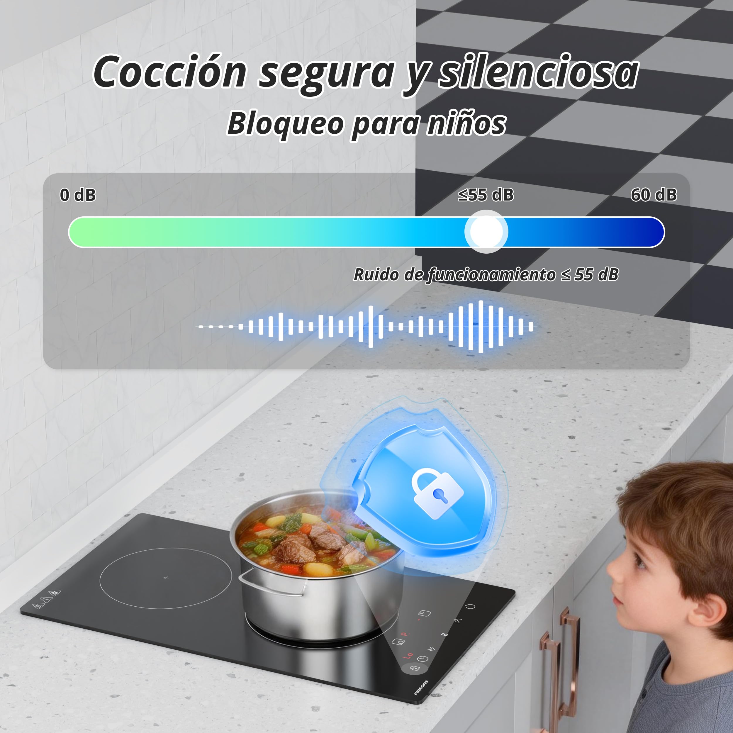FIREGAS Placa de Inducción 2 Fuegos 3700W, Placa de Cocina de Inducción Encastrable, Control Táctil, Función Boost, Temporizador y Seguridad Infantil