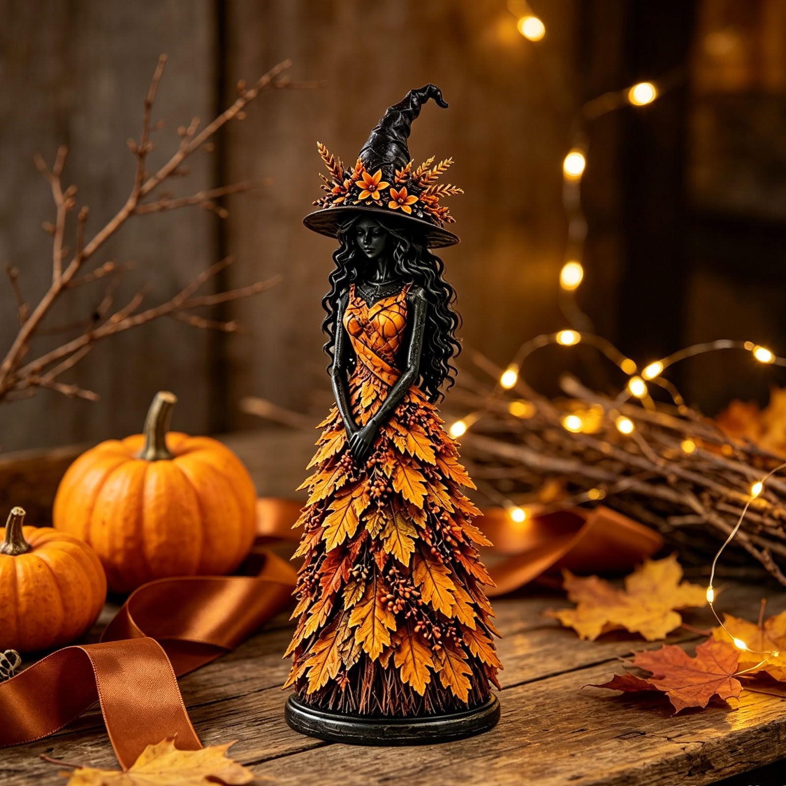 Enchanted Autumn Witch Figurine,Resin Halloween Statue for Mantelpiece