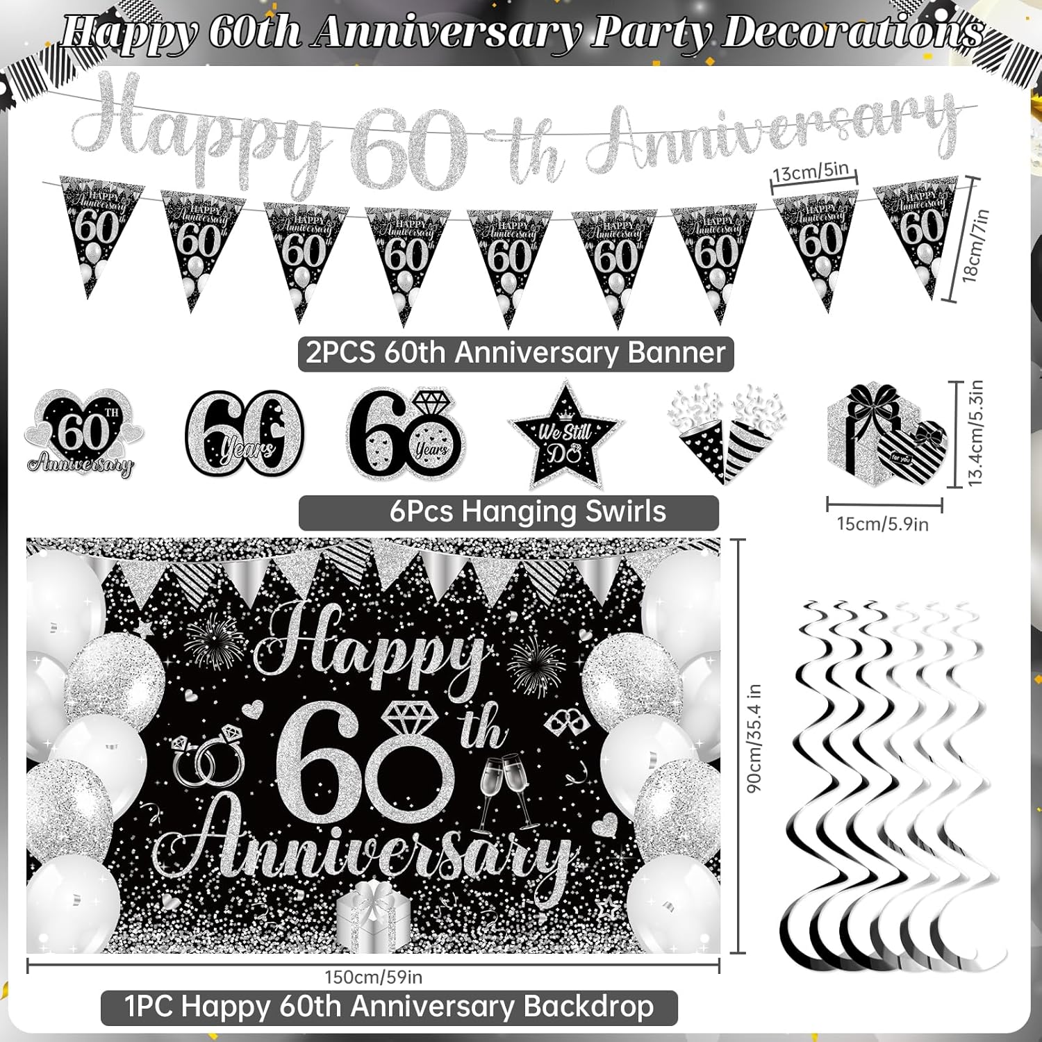 60th Wedding Anniversary Decoration Black Silver Happy 60th Anniversary Banner Hanging Swirls for Men Women 60 Years Wedding Party Decorations Supplies - Image 3