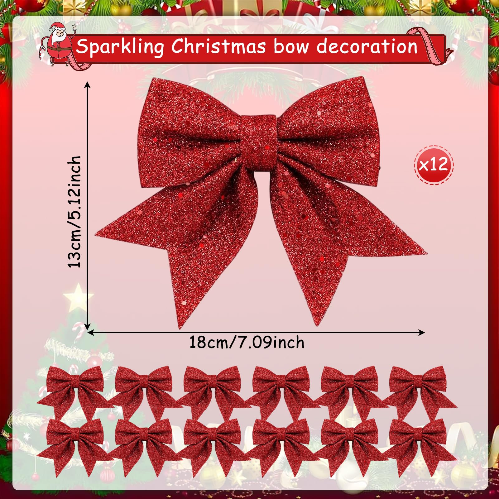 Pack of 12 Christmas Bows, 18 x 13 cm Christmas Bows Christmas Bow Ribbon Glitter Bow Christmas Tree Decoration - Image 2
