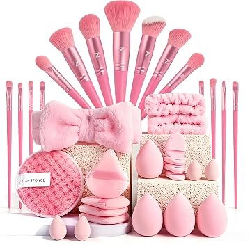 33 Piece Makeup Brush Set Premium Synthetic Foundation Brush, Powder Brush, Concealer Brush, Eye Shadow Brush, Blush Brush Set Makeup Brush Pink, 33 Item Set