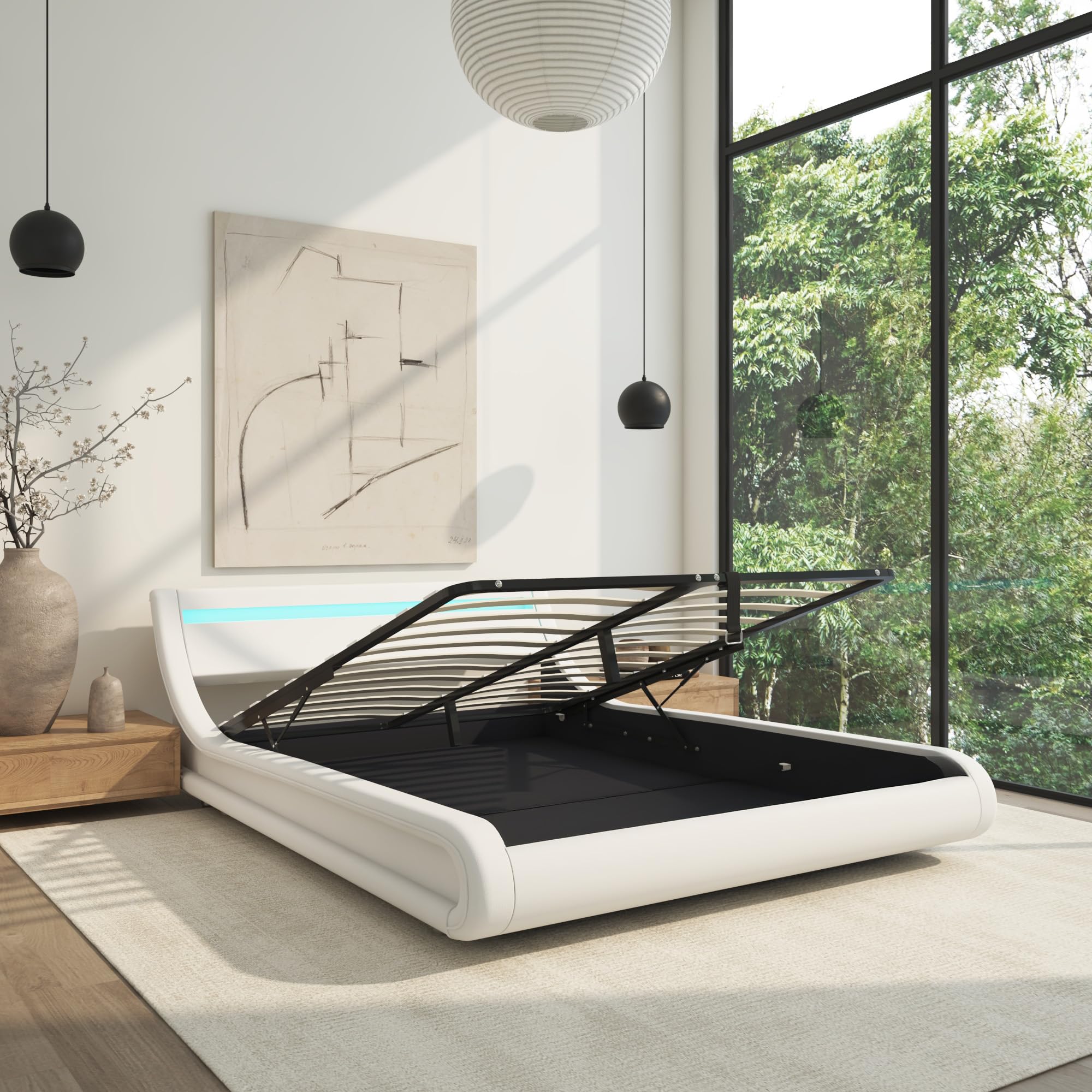 MB Muebles Bonitos | Cama de Matrimonio Parisina para Colchón de 150x190 cm | Luz LED | Canapé Abatible | Somier de Láminas | Estructura de Madera tapizada en Polipiel | Color Blanco