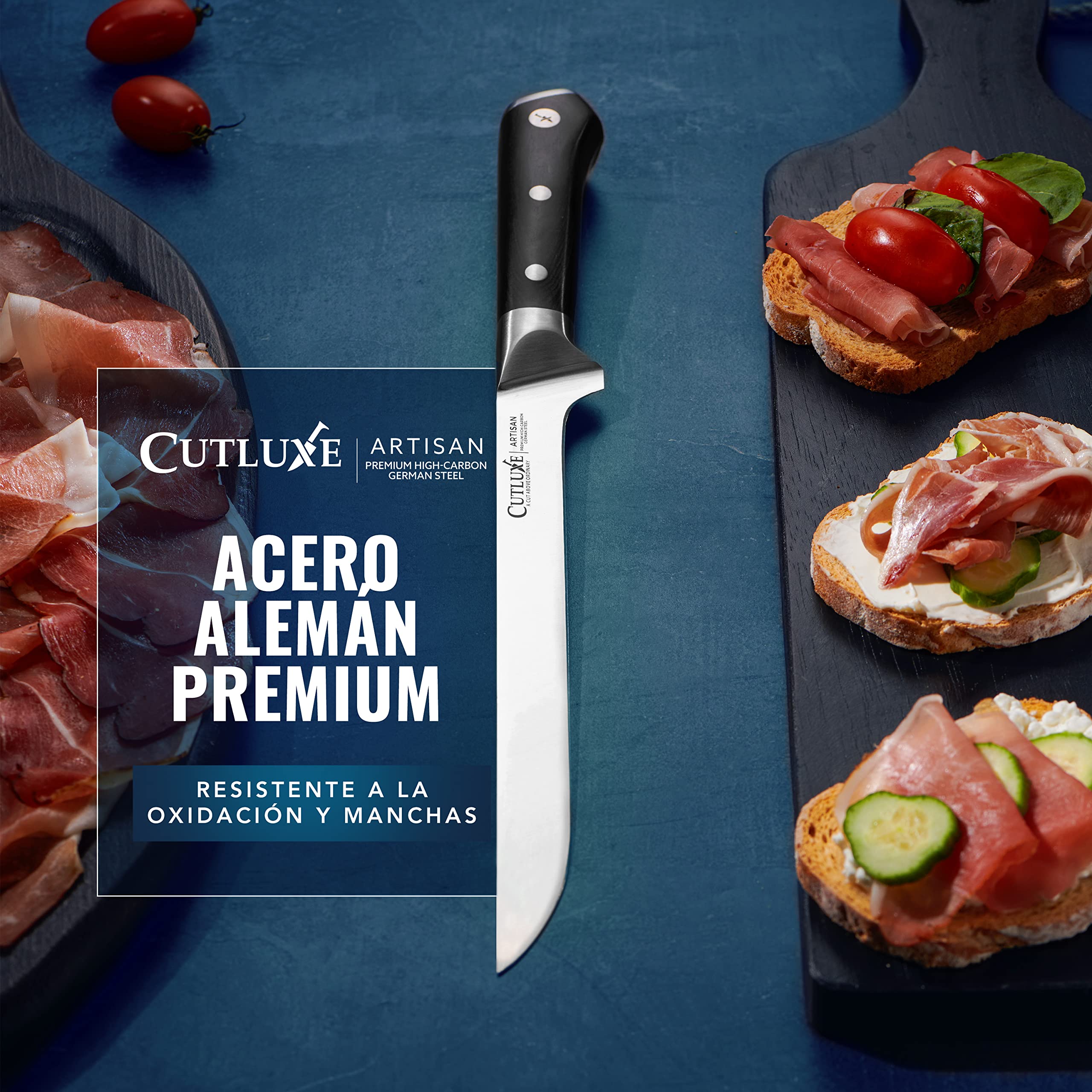 Cutluxe Cuchillo Jamonero - 25cm Cuchillo para Jamón, Cortador de Carne y BBQ - Acero Alemán Afilado a la Perfección - Diseño Ergonómico y de Mango Completo - Serie Artisan