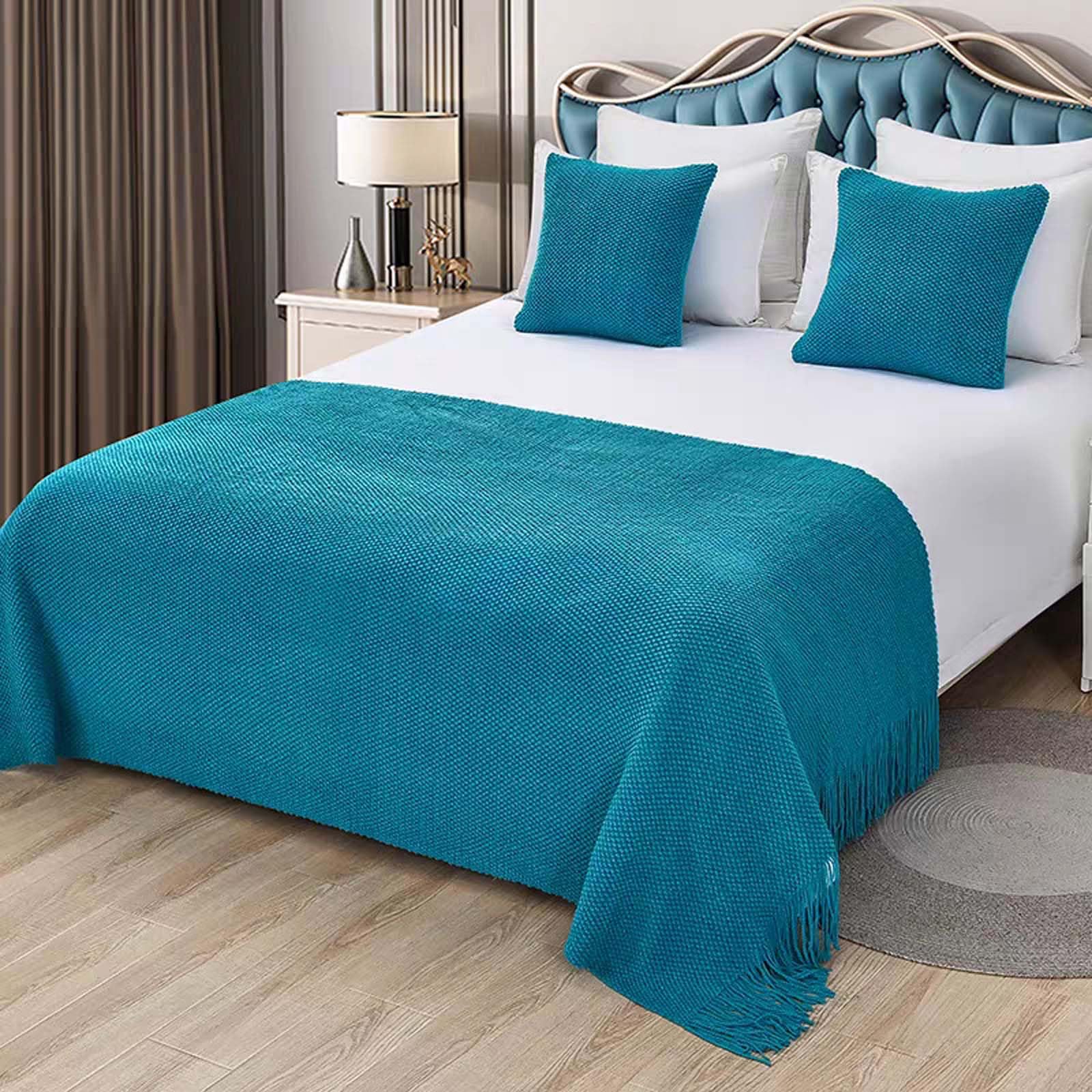 Jnkiquii Bed Runner Scarf Set Acrylic Corn Kernel Knit Tassel Foot Throw With 40 * 40cm Cushion Covers and Inserts Solid Decor for Twin Queen King Bedroom Hotel Homestay
