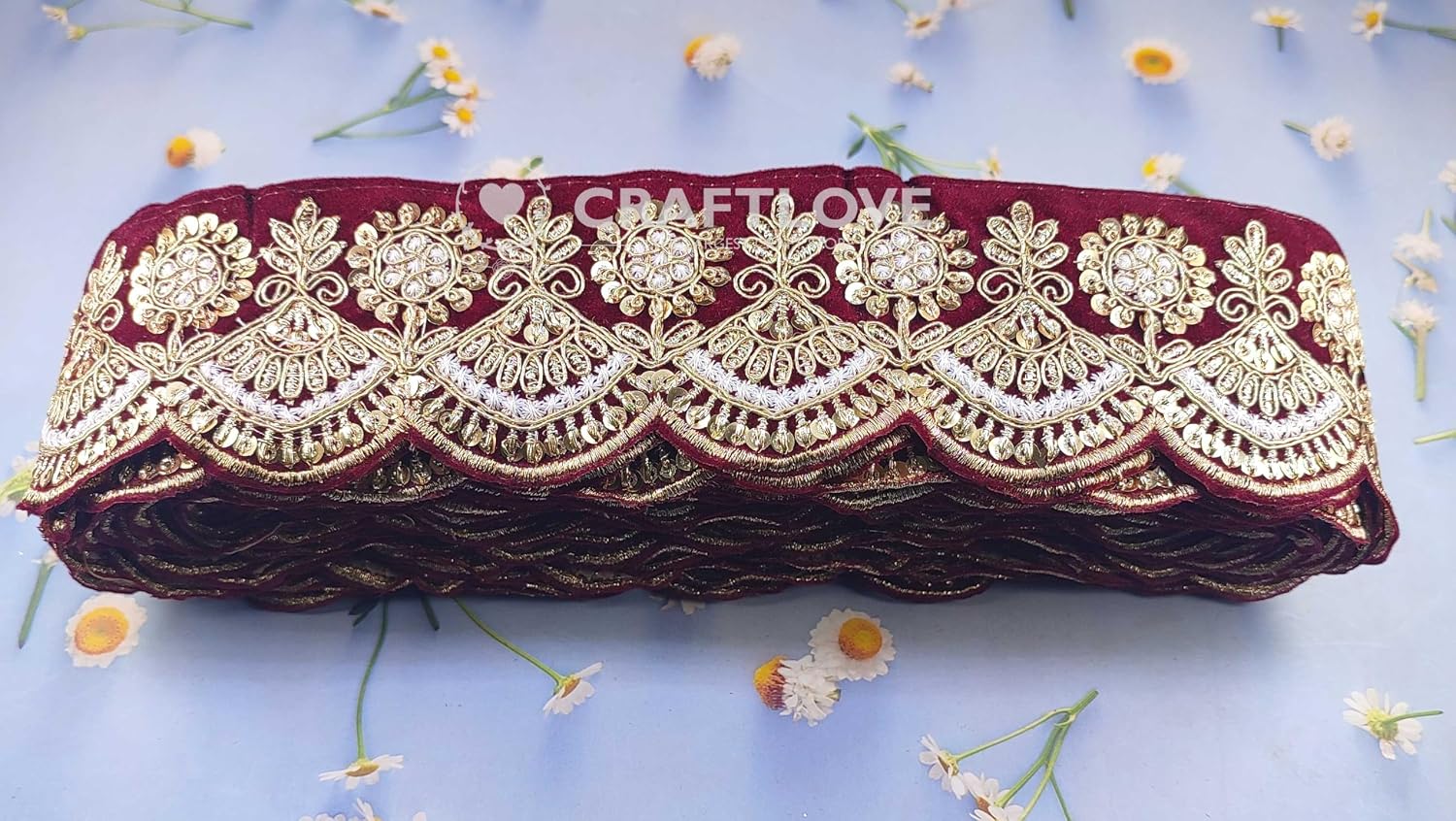 CRAFT LOVE Designer Velvet Handmade Border Lace with Zari for Lehenga, Saree, Dupatta, Suit, Blouse - Pack of 8.5 Mtr/9.2 Yards (Maroon)