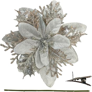 30Pcs Silver Poinsettias Artificial Christmas Flowers with Clips, 5.5" Glitter Artificial Flower Poinsettia Decorations Christmas Tree Flower for Xmas Wreath Garland Holiday Decor silver