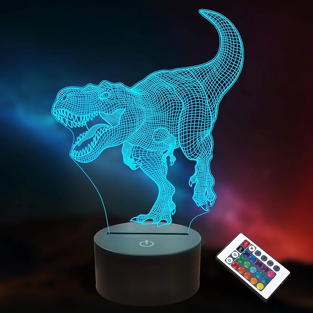 Dinosaur 3D Optical Illusion Lamp LED Night Lights for Kids Boys Girls Gifts,16 Colors Remote Control with Timer, T-Rex Toys Nightlight