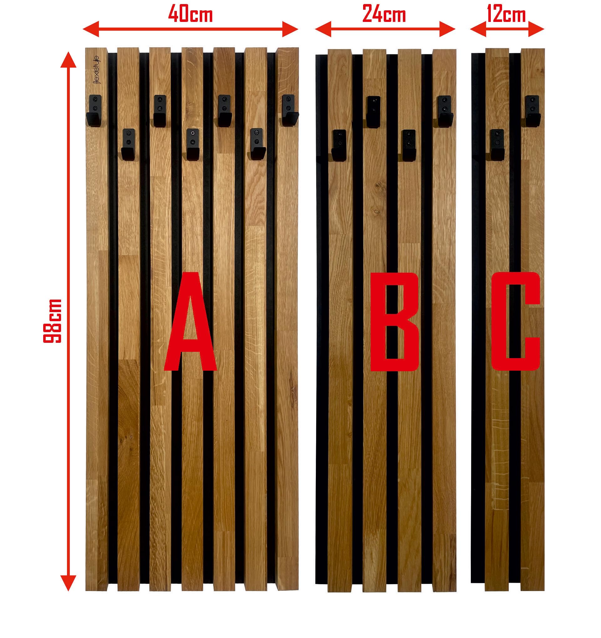 FLEXISTYLE Kleiderhaken wand Wandgarderobe Garderobe Holz Eiche Lamellen Schwarz modular Höhe 98cm (Hauptmodul A 40cm)