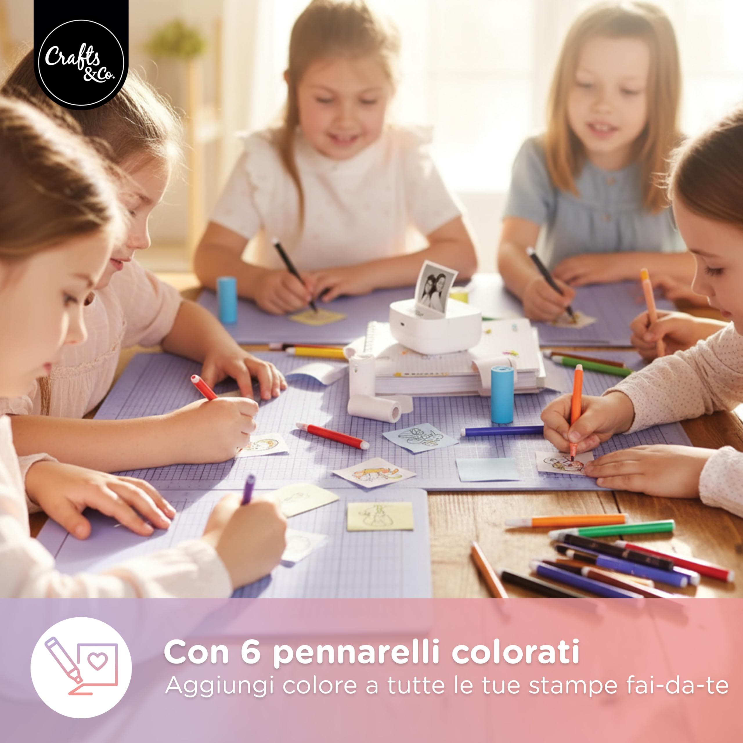 Crafts&Co Mini stampante tascabile | stampante portatile Bluetooth per smartphone adesivi e appunti, stampante termica senza inchiostro, dimensioni 8 x 8 x 3 cm, colore bianco