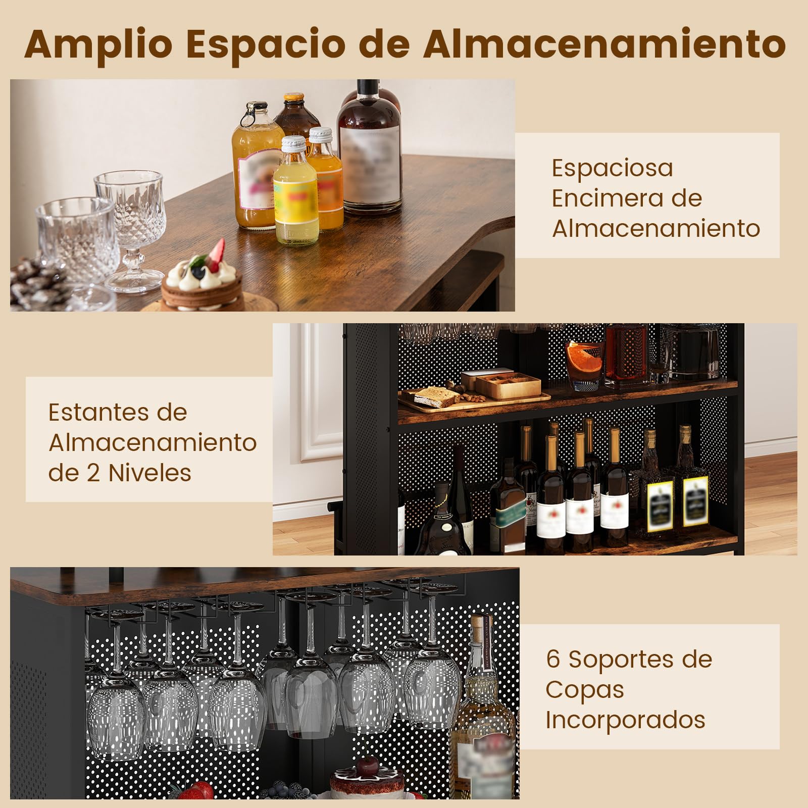 COSTWAY Mesa de Bar, Armario de Metal con 2 Estantes para Vino y 6 Soportes para Copas, Reposapiés y 7 Patas Ajustables, Mesa de Bar de Metal para Cocina Pub,120x50x106,5 cm (Rectangular Marrón)