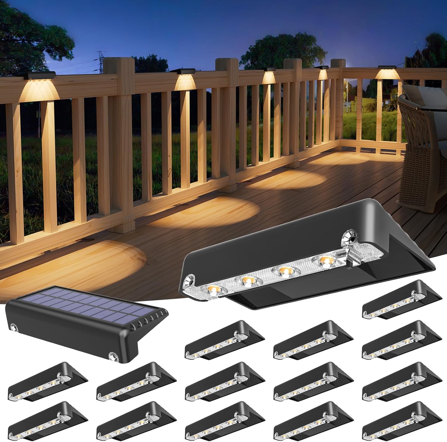 VOLISUN 16 Pack Solar Deck Lights - Bright Warm White LED, IP65 Waterproof for Steps, Fence, Stairs, Deck & Patio (Black)