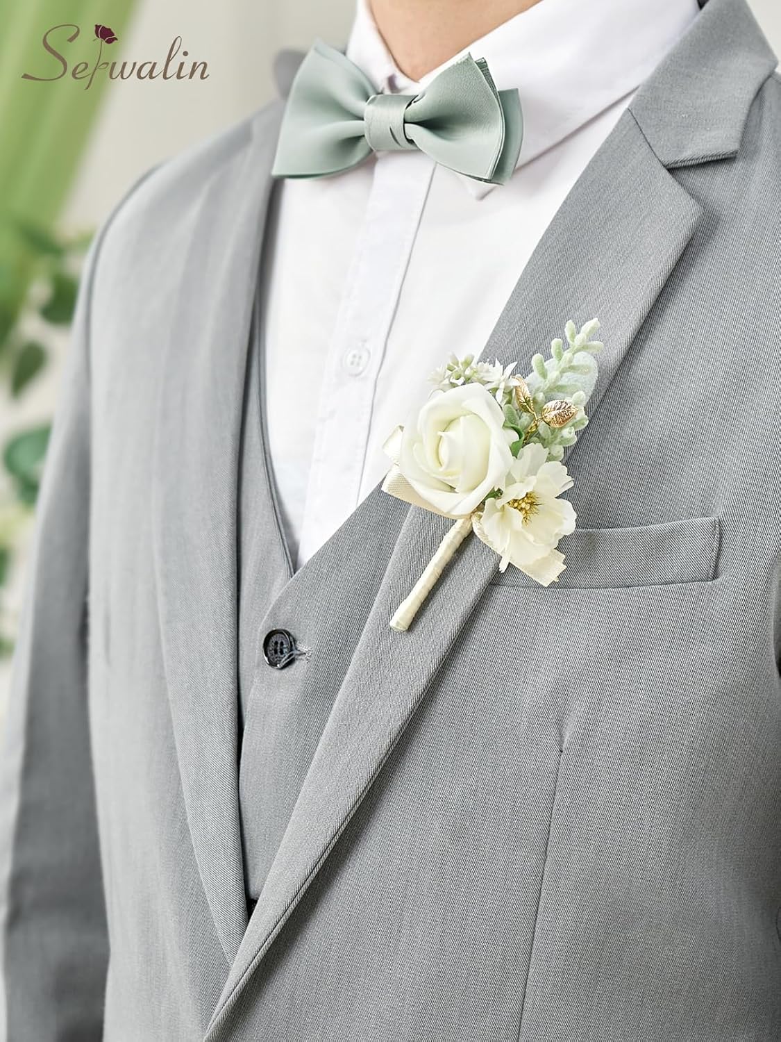 Serwalin 10Pcs Boutonniere for Men, White Groom and Best Man Boutonniere, Artificial Flowers for Wedding Decor/Prom/Homecoming/Ceremony Anniversary/Formal Dinner Party