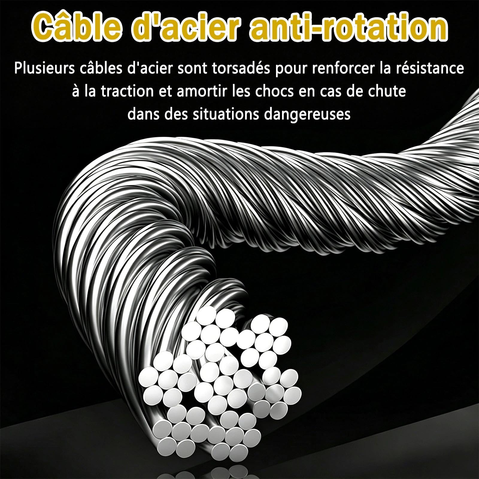 10m Dispositif Antichute a Rappel Automatique, Charge Max 150kg | Harnais de Securite Anti Chute Toiture et Travaux en Hauteur, Stop Chute Toiture avec Crochet Autobloquant 360° (Jaune,10m)