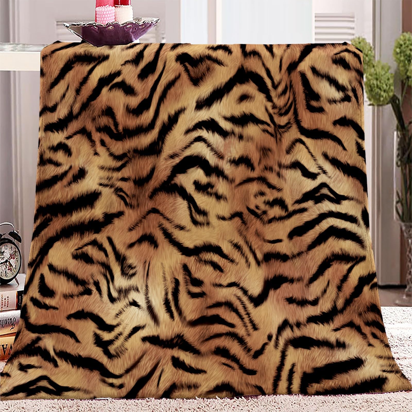 Kuscheldecke Flauschig Fleece Überwurf Braunes Tigermuster Flanell Sherpa Decke, Winterdecke Über Bett Oder Sofa, Weiche Decke für Reisen Camping 150x200cm