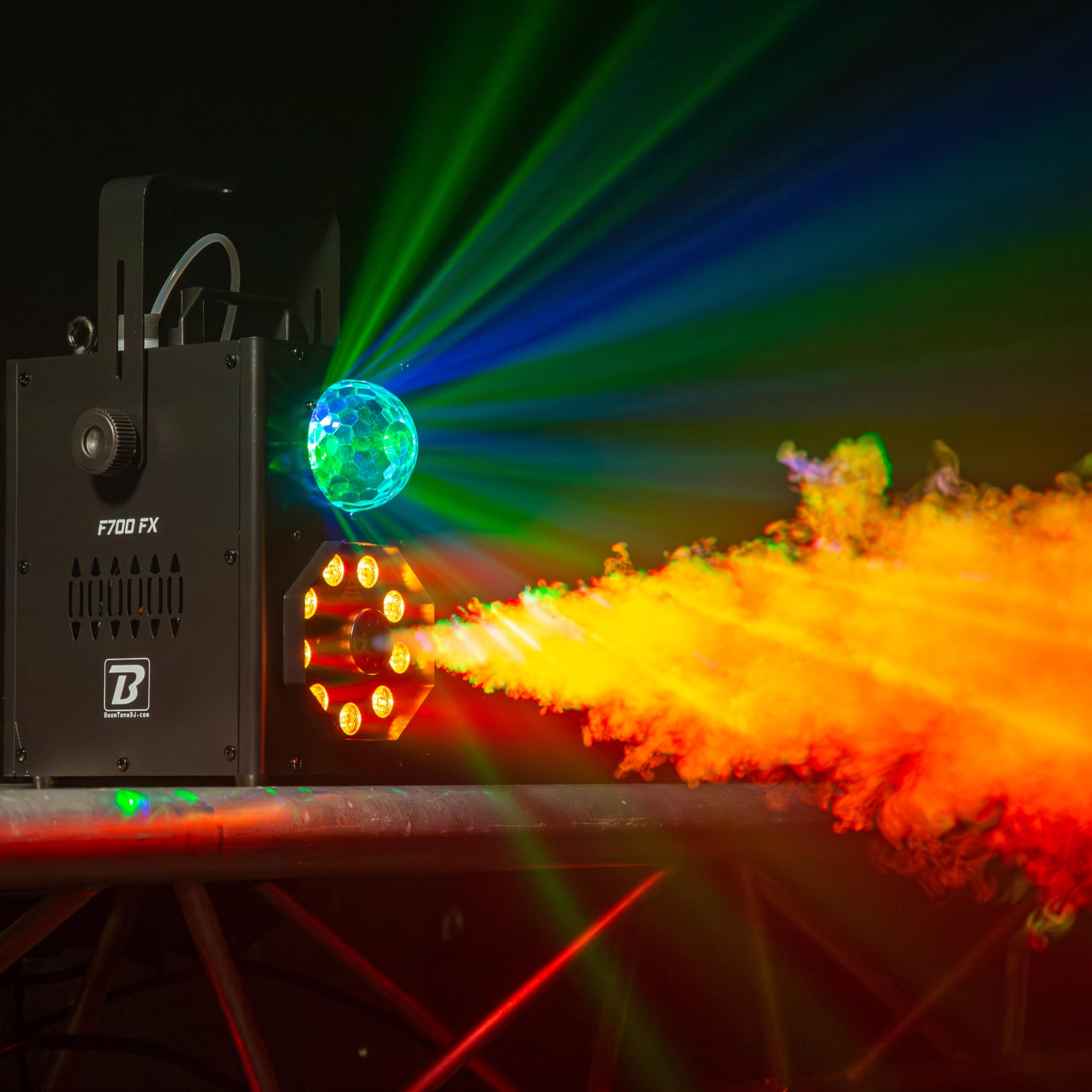 BoomToneDJ F700 FX Machine à fumée - Jeux de lumière pour soirée - Lumière Disco portable - Lumières LED RGB intégrées - Détection musicale - Télécommande incluse - Ambiance pour mariage, fête