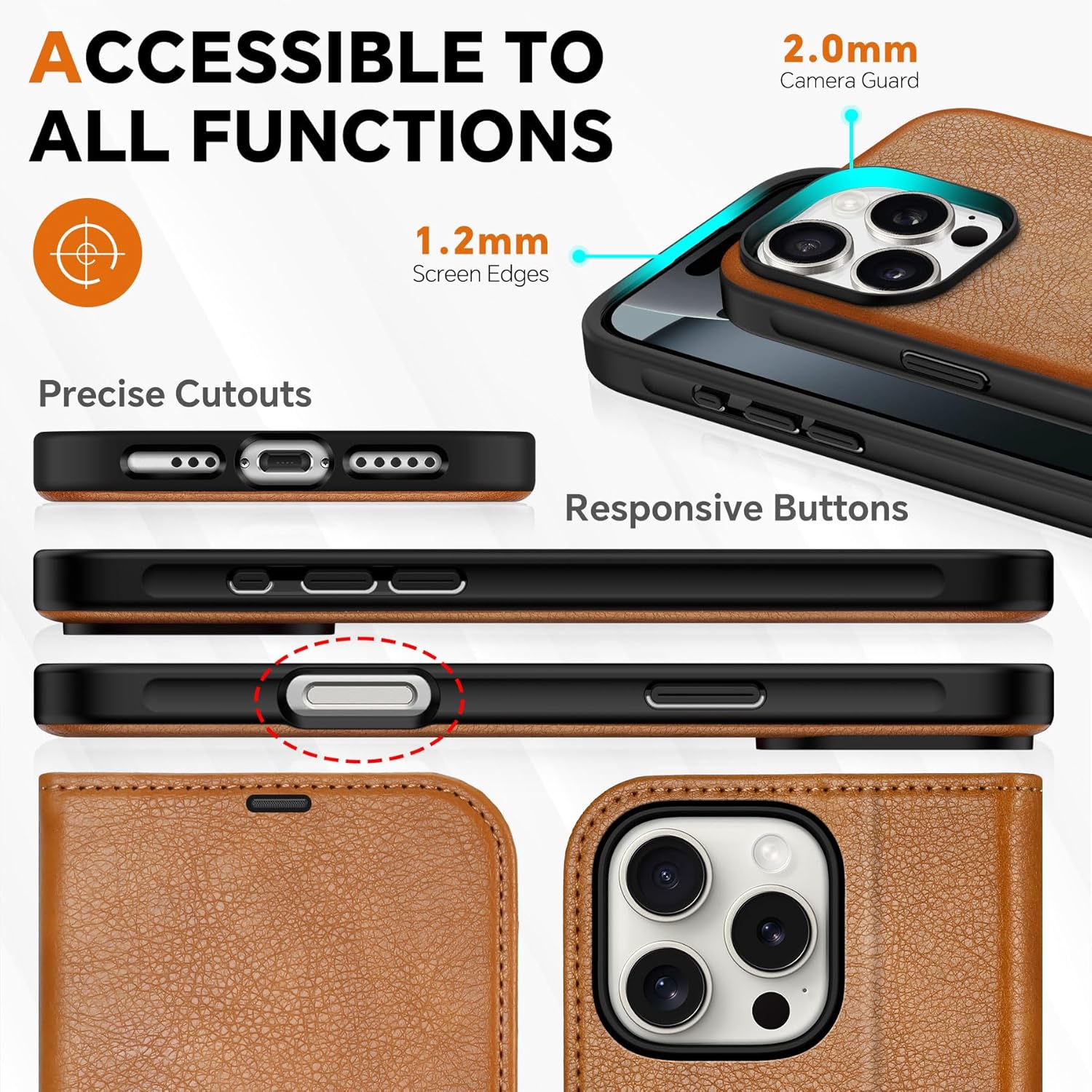 TUCCH Wallet Case for iPhone 16 Pro, [Removable] 2 in 1 [Wireless Charging] RFID Blocking [4 Card Holders] PU Leather Cover, Magnetic Detachable Folding Stand Folio Case for iPhone 16 Pro, Light Brown - Image 8