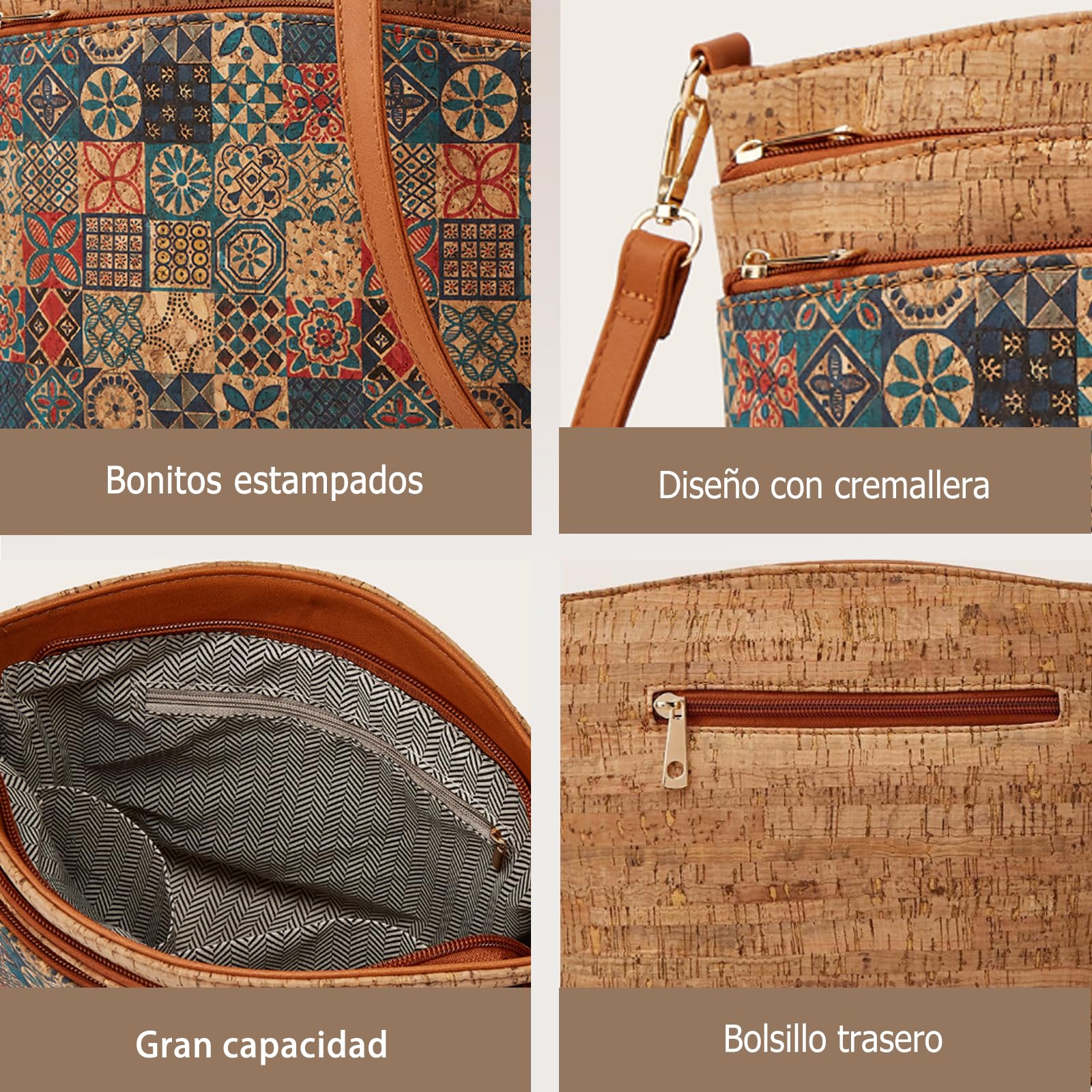 CORIOS Estilo Boho Bolsos de Hombro Bandolera para Mujer Bolso Cruzados de Corcho Natural Bolso de Mano con Estampado Étnico Retro Trabajo Compras Citas Viajes Tote