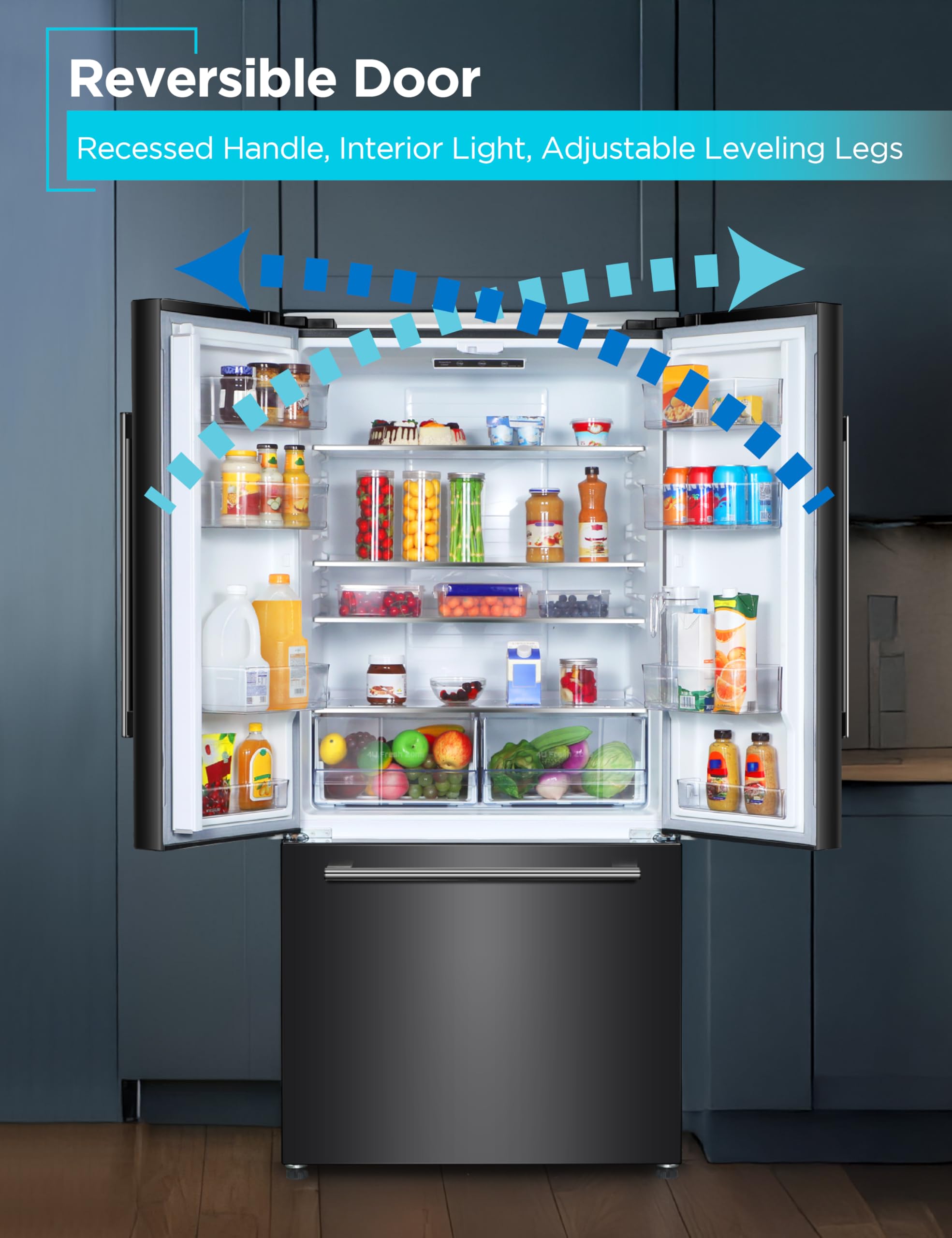 Black+Decker 18 cu. ft. French Door Refrigerator With Built-In Ice Maker, Full Size Refrigerator With Bottom Mount Freezer Drawer, Frost Free, Energy Star Certified, BRF1800GIMB, Black - View 6 | Fridge.com