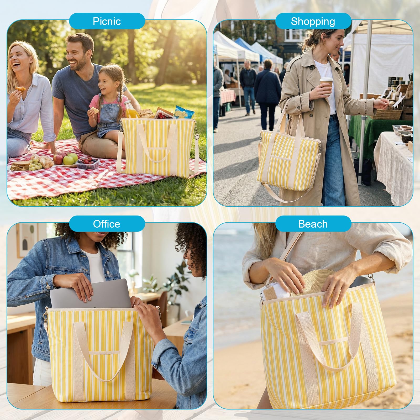 Nanxson 9L/15L/29L Grand Sac-Repas Isotherme pour Femmes Adultes Réutilisable Étanche Boîte à Lunch pour Pique-Nique Sac fourre-Tout Isotherme congelable (29L,B-Rayures Jaunes)