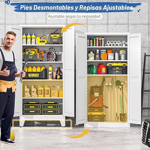 Miniatura 4 de Armario de almacenamiento de metal de 71 pulgadas de alto con 2 puertas y 4 estantes ajustables, armario de despensa de cocina, armario Blanco