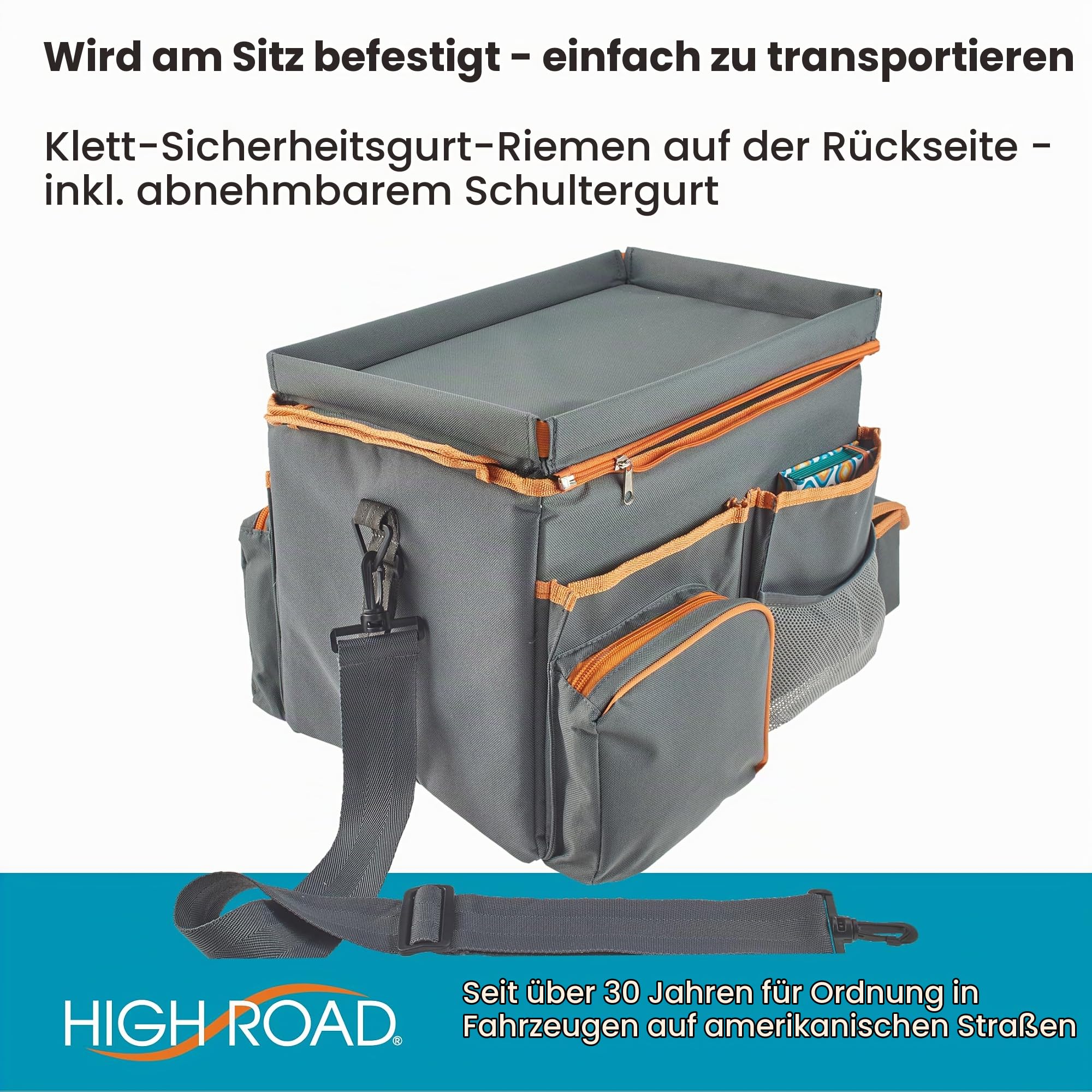 High Road CarHop Autositz-Organizer – Rücksitz-Organizer für Kinder oder Vordersitz-Organizer für Fahrer mit Getränkehaltern, Tablett, Seitentaschen und weichem Kühl- oder Ablagefach