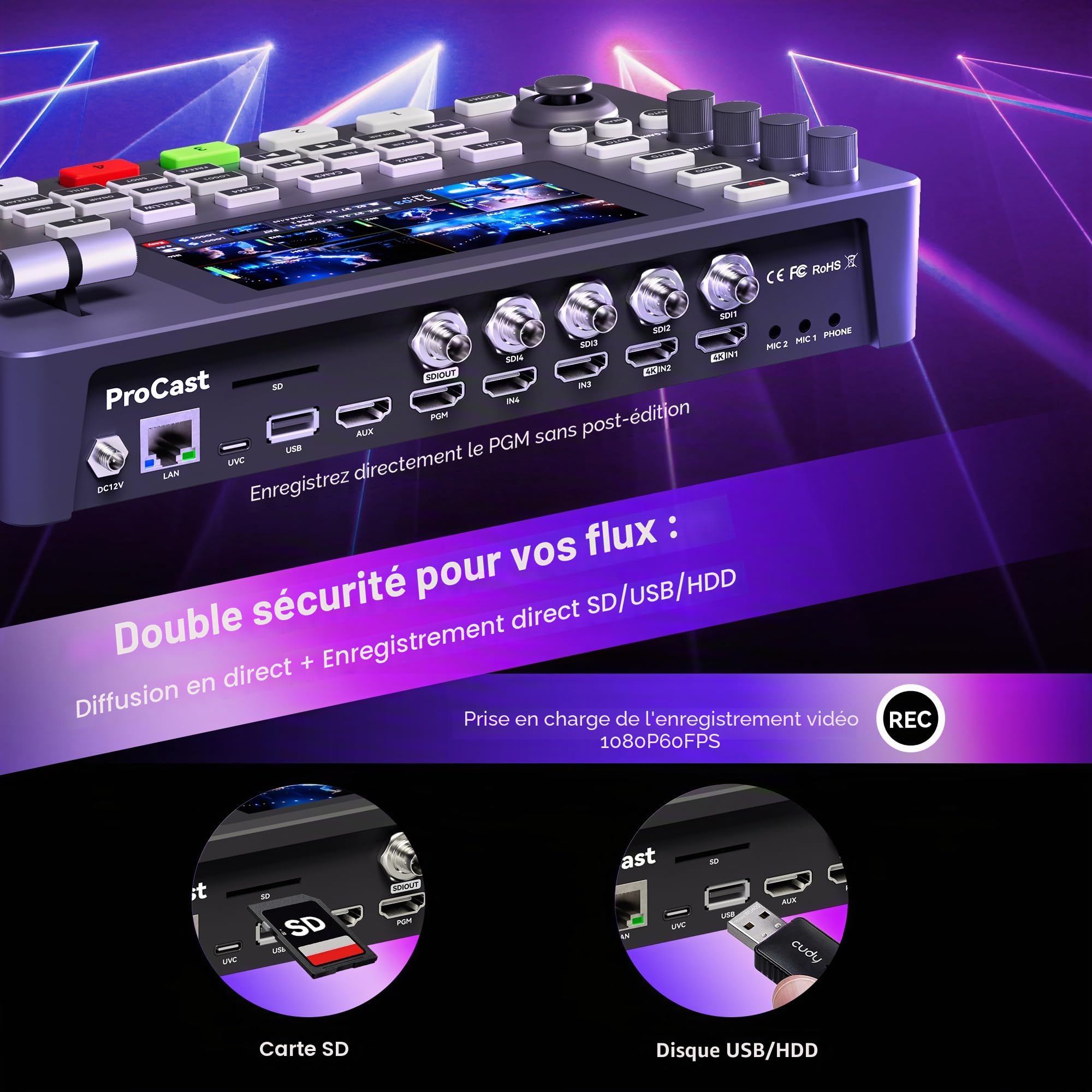 Tenveo Video Mixer Switcher, Mélangeur Commutateur Vidéo 4K 60FPS Streaming Live, Écran FHD 5.5”, 4X SDI et 4X HDMI Entrées, Sortie 1080P 60FPS, Enregistrement USB, Support Caméra PTZ et Contrôleur