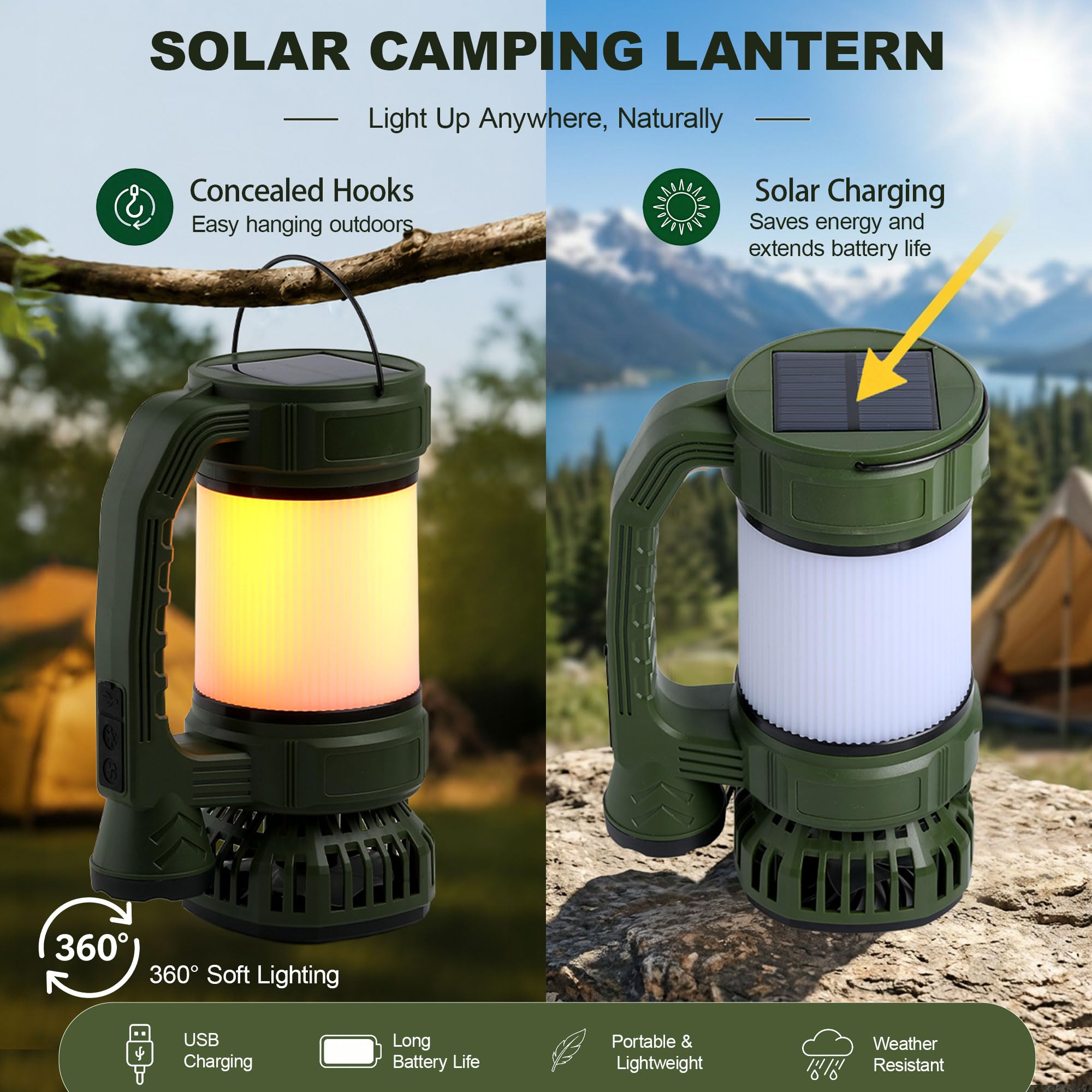 Linterna LED recargable de camping con foco de linterna, 1000 lúmenes, 3600 mAh, carga solar y USB, cabezal giratorio de 100°, resistente al agua, verde
