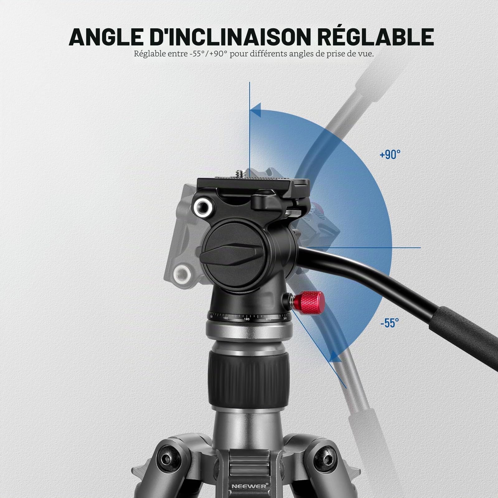 NEEWER Tête de Trépied Fluide GM23, Tête Inclinable Panoramique en Alliage d'Aluminium 43mm, Base Graduée, Charge Max 3kg, pour Caméscope Compact DSLR