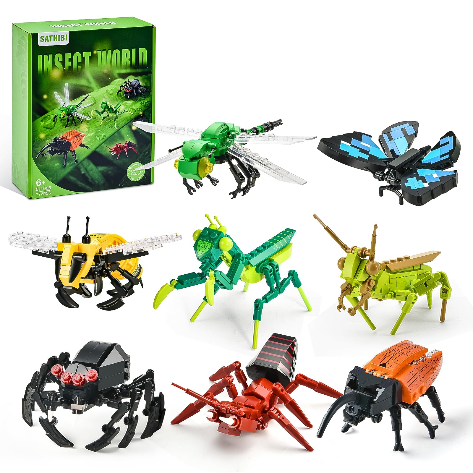 SATHIBI Ideas Insects Collection Building Sets for Kids, 8 Packs Animals Party Favors Toys, Bugs Nature Decor and Great Gifts for Adults Boys Girls 6