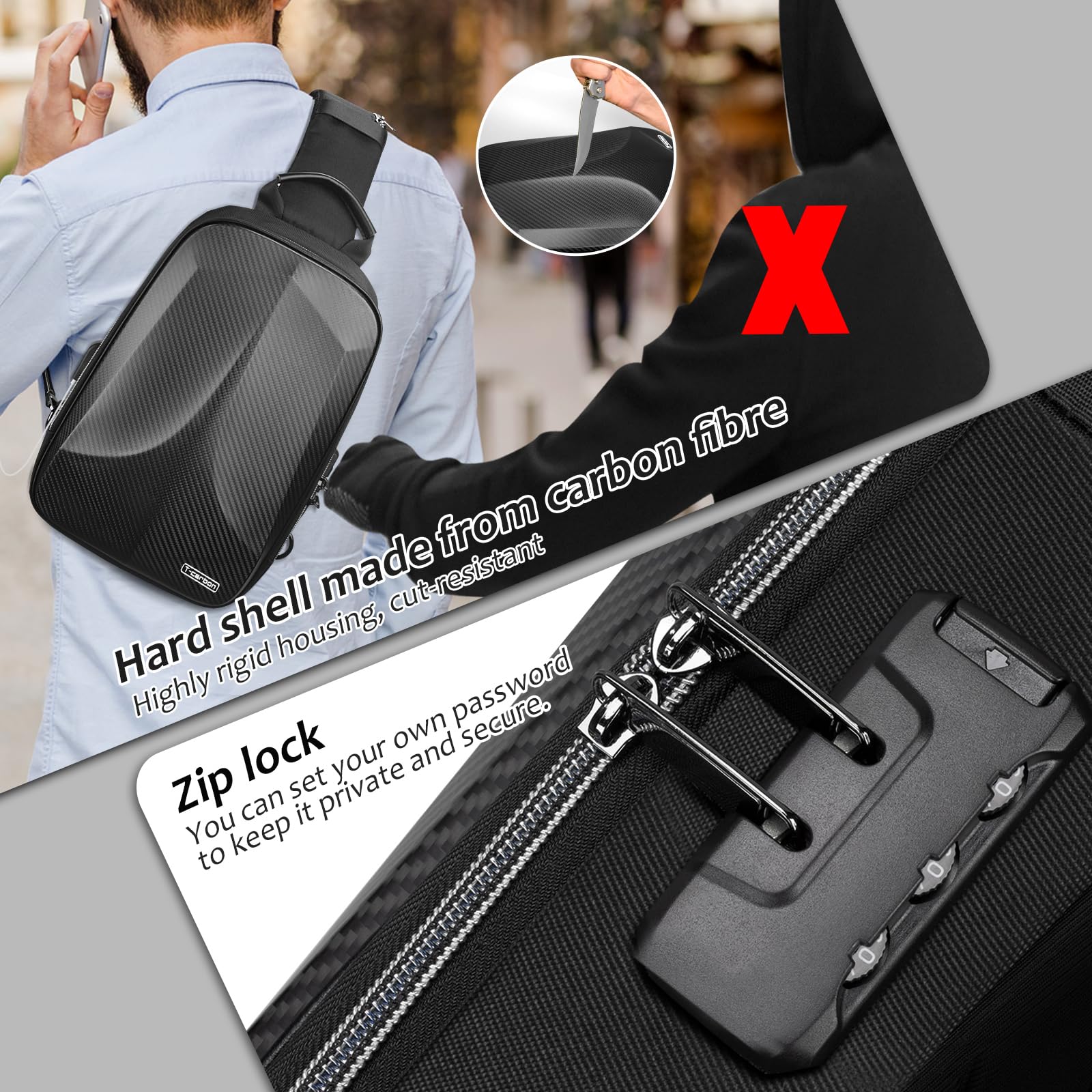 Bolsa cruzada antirrobo de fibra de carbono real para hombres, bolsa de viaje, mochila de una sola correa con USB y bloqueo de reinicio para viajes, deportes, ciclismo, uso diario 3