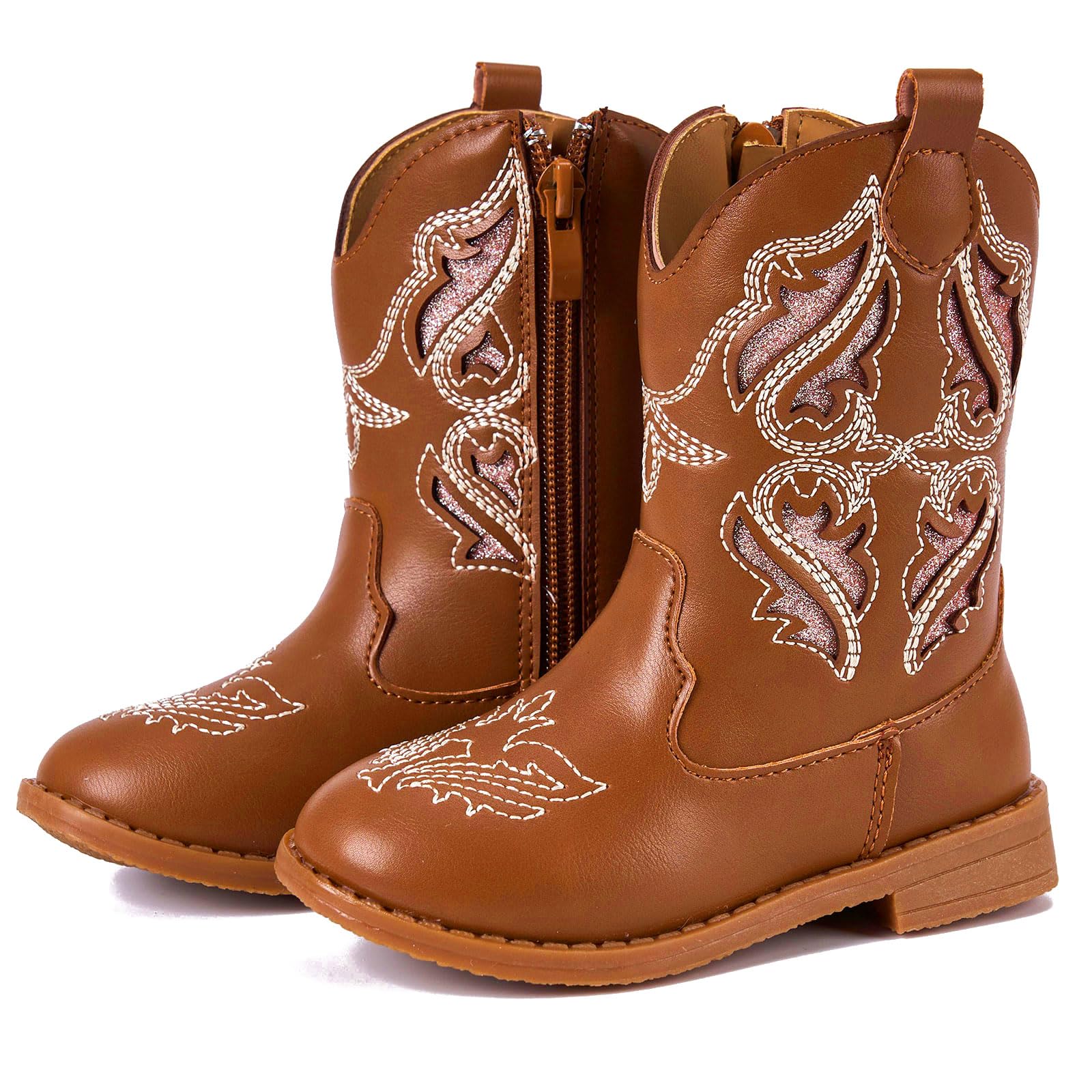 Newsonet Toddler Girls Cowboy Cowgirl Boots Round Toe Western Boots Mid Calf Side Zipper Riding Shoes for All Seasons Spring Summer Winter Fall