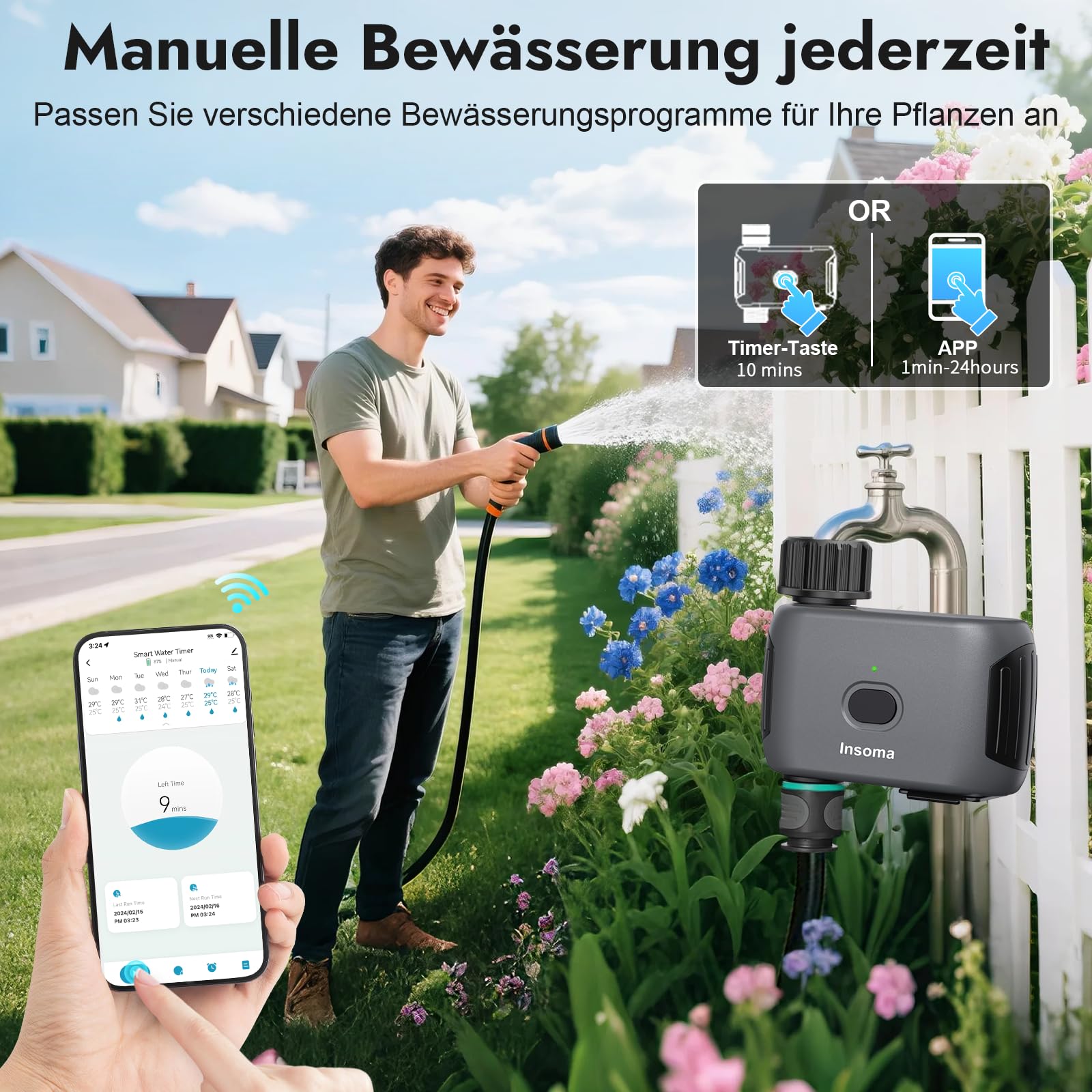 Insoma WiFi-Wasser-Timer, Outdoor-WiFi-Schlauch-Timer für Gartenwasserhahn mit Auto-/Manuell-/Regenverzögerungsmodus, Sprinkler-Bewässerungs-Timer für Rasenflächen