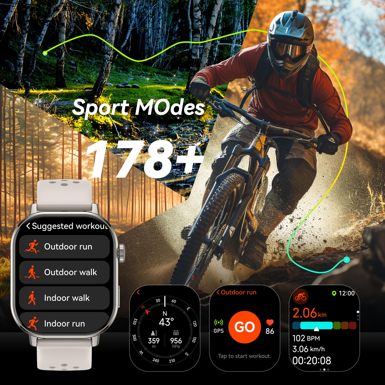 Orologio intelligente con GPS, schermo AMOLED da 2,0 pollici, per uomini e donne (rispondere/effettuare chiamate), 178+ orologio sportivo fitness con frequenza cardiaca/monitoraggio del sonno/SpO2