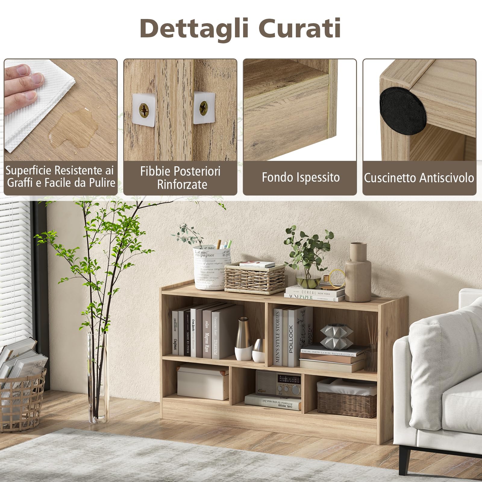 GYMAX Libreria Bassa in Legno, 2 Livelli, 5 Scomparti, Deposito Classificato, Ideale per Soggiorno, Studio ed Ufficio, Stile Moderno, 112 x 30,5 x 61 cm (Naturale)