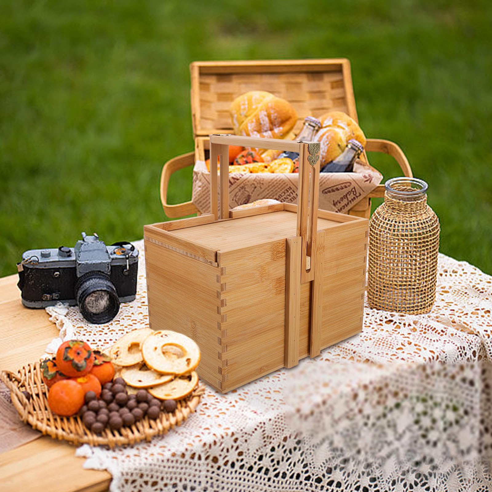 MAGICLULU Cesta de Bambú Tejida a Mano Asa Ajustable y Diseño Sencillo, Caja de Almacenamiento para Picnic y Uso Doméstico, Material Madera Duradero Color Caqui