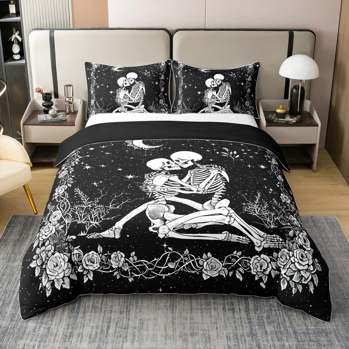 Homewish Sugar Skull King Size Zestawy Pościeli Czarny Goth Szkielet Bawełniana Poszwa Na Kołdrę Boho Kwiatowa Poszwa Na Kołdrę Gotycki Zestaw Łóżek