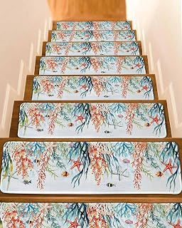 Non Slip Stair Treads for Wooden Steps Ocean Coral Fish Starfish Carpet Indoor Stair Runners, Blue Sea Underwater World Step Tread Rugs Adhesive Staircase Mats for Elders, Pets,8"x30",15Pack